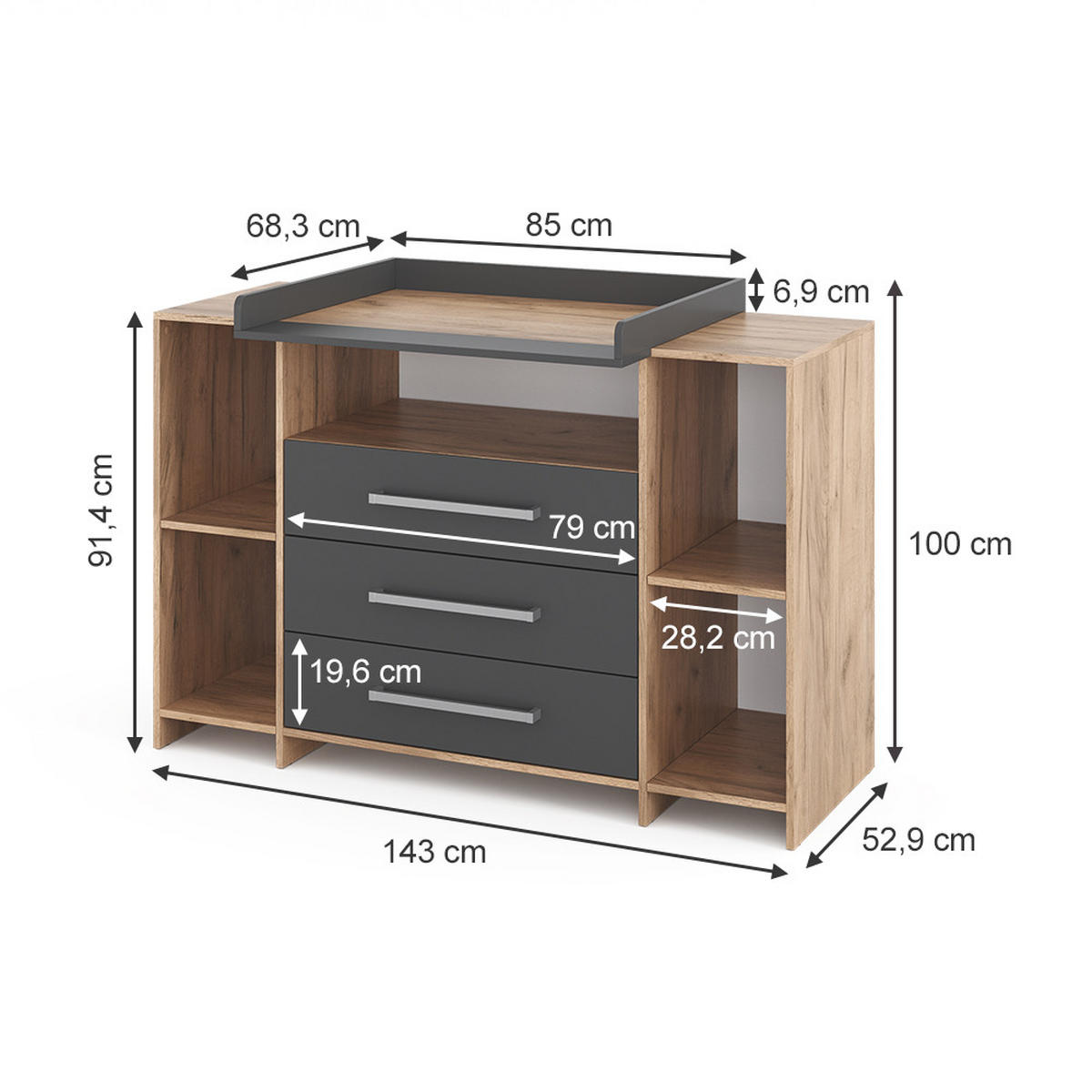 WICKELKOMMODE Oskar Eiche 143 x 100 cm XL mit Schubladen - Anthrazit/Sonoma Eiche, Holzwerkstoff (143/100/70cm) - Vicco