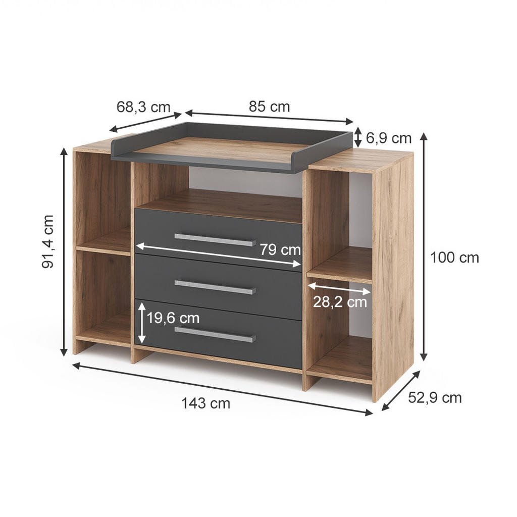 Thumbnail - Vicco Wickelkommode, Anthrazit, Sonoma Eiche, Holzwerkstoff, 8 Fächer, 3 Schubladen, Rechteckig, 143x100x70 cm, Babymöbe...