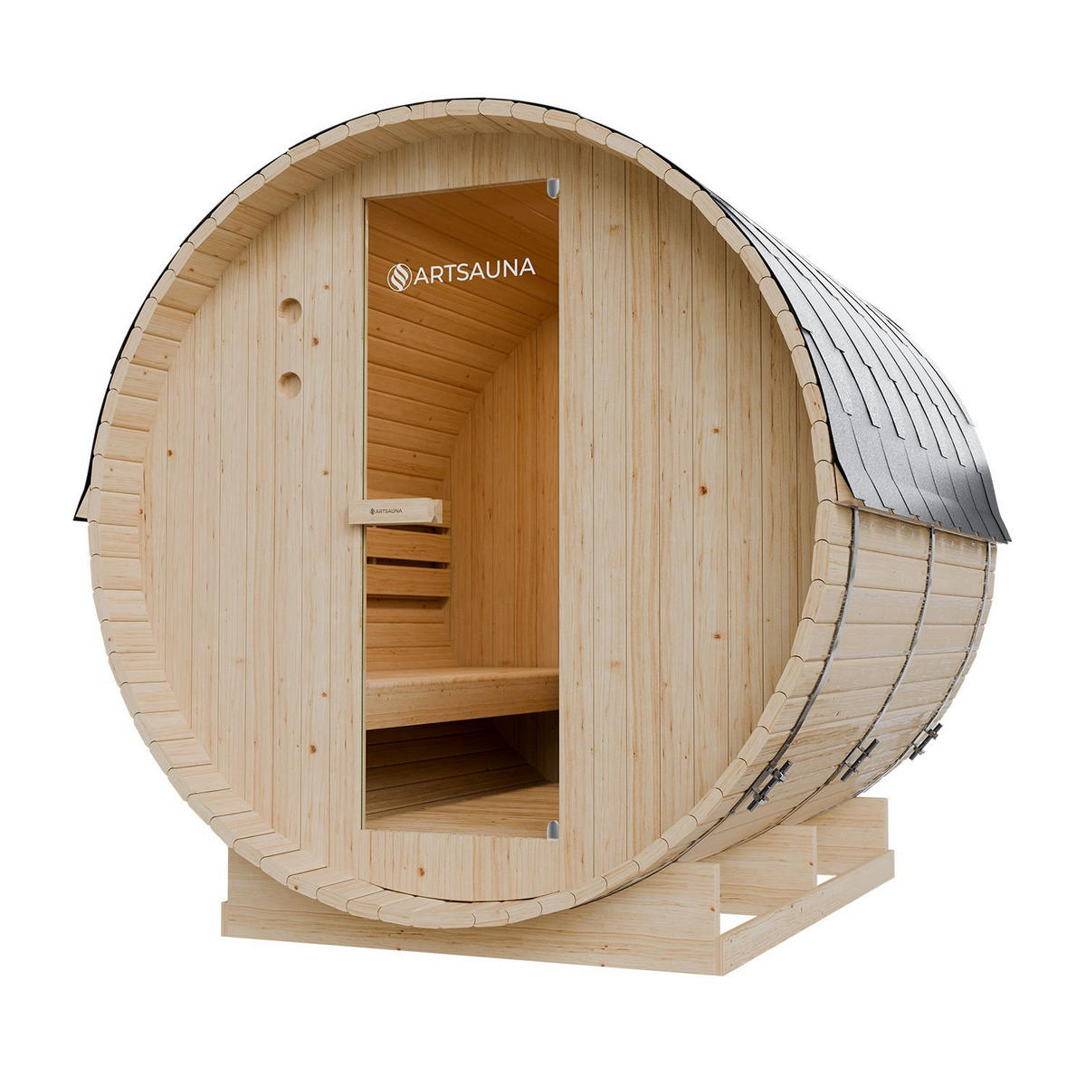 FASSSAUNA Spitzbergen 220 cm mit 8 kW Saunaofen (6 Personen) - Naturfarben, Holz (191/193/220cm) - Artsauna
