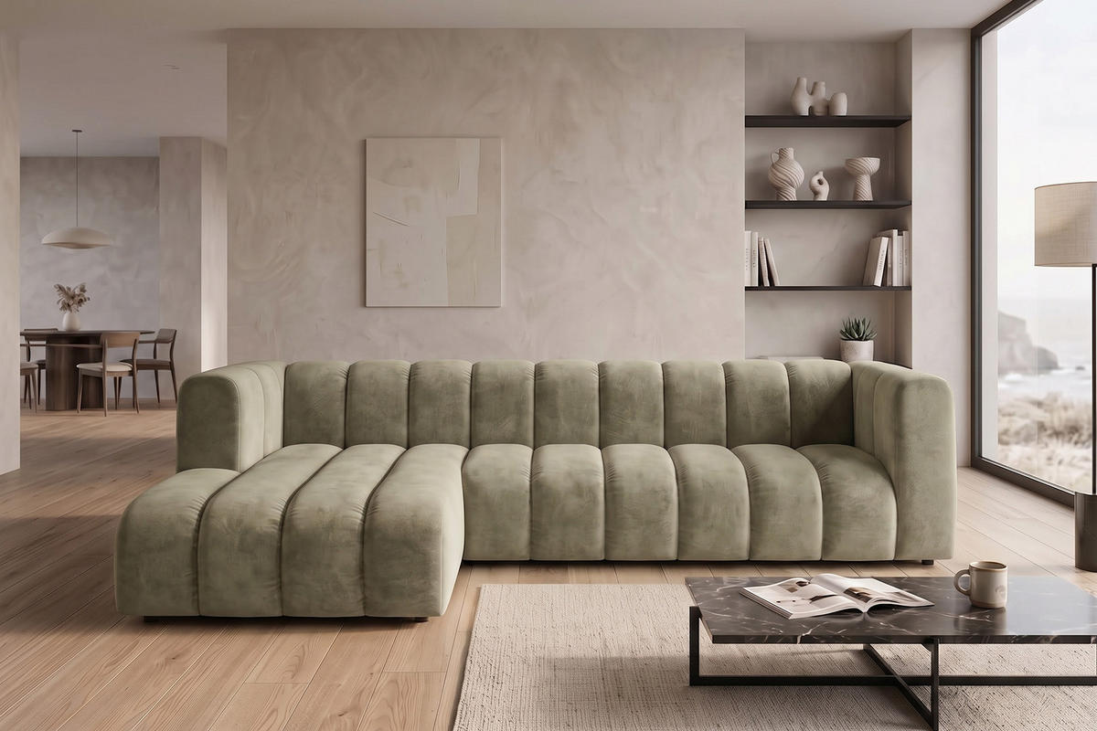 ECKSOFA Modulares In L-Form, Velvet-Stoff Riviera, Beige, Links, GRAND 318 cm - Beige, Holz (318/179cm) - Kaiser Möbel