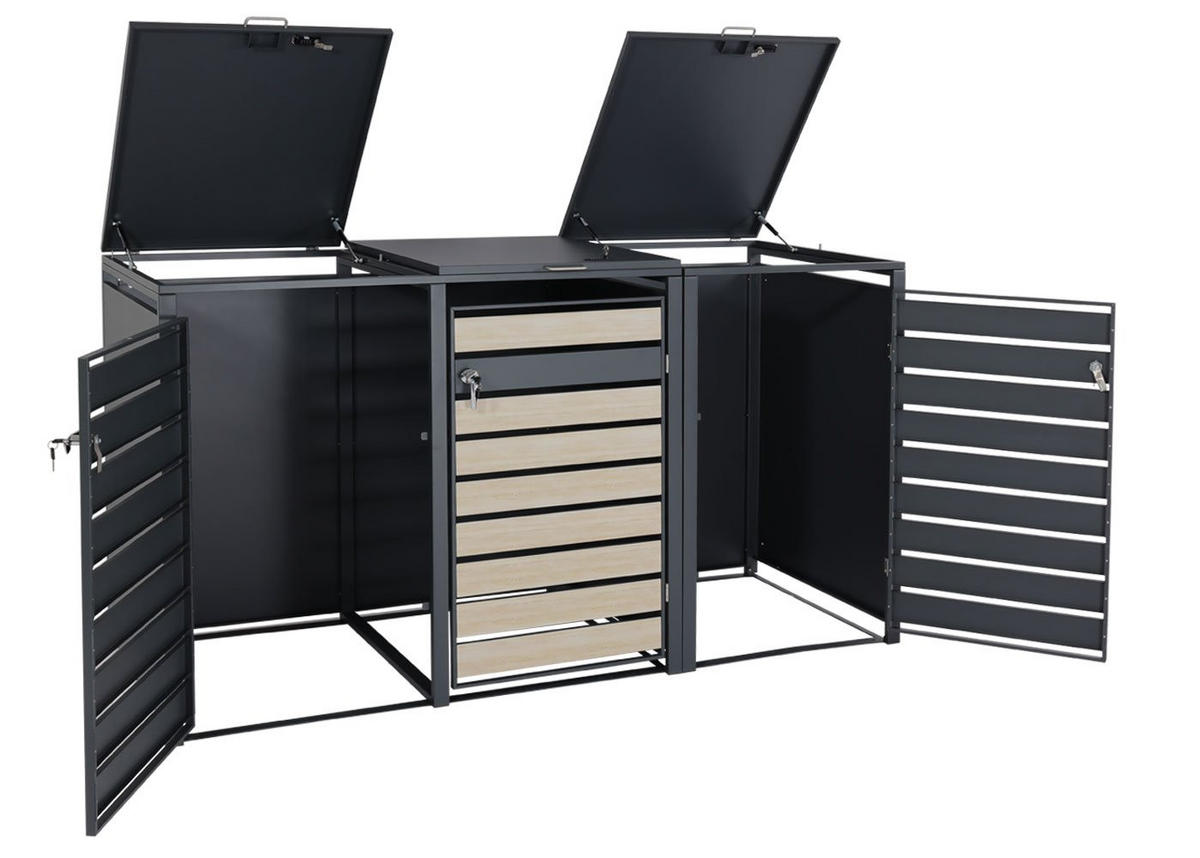 MÜLLTONNENBOX 3er/6er XL 117x215x98cm Metall 95kg Anthrazit Buche-Holzoptik Hellbraun - Hellbraun, Metall (215/117/98cm) - PROREGAL