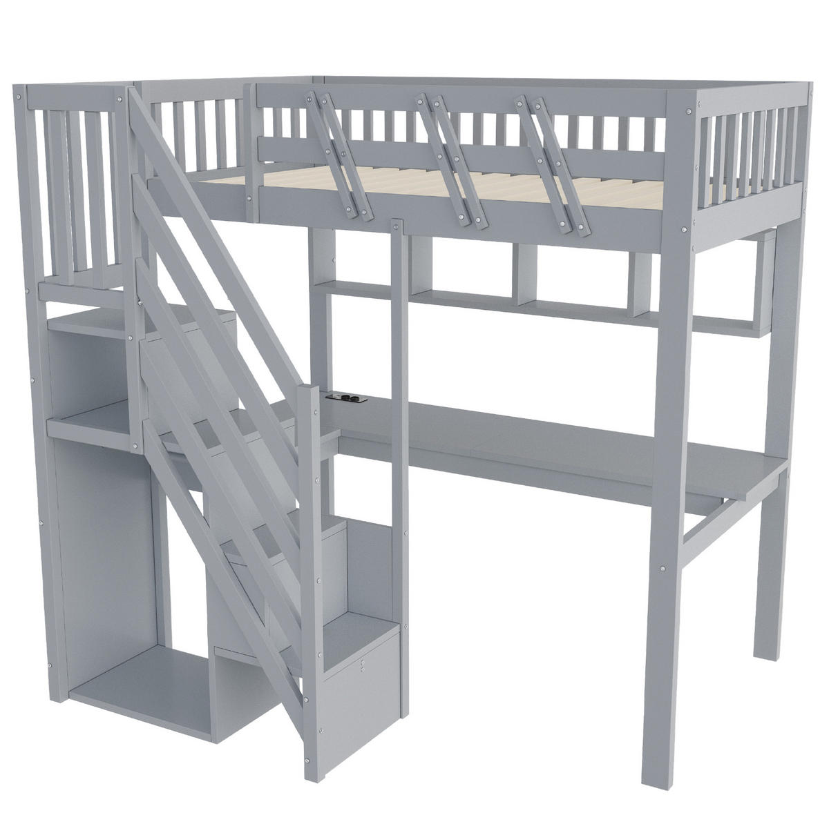 HOCHBETT aus Holz 90x200 cm Grau mit Stauraumtreppe, Schreibtisch, LED-Beleuchtung und Steckdosen - Grau, Holz (90/200cm) - IVMEU