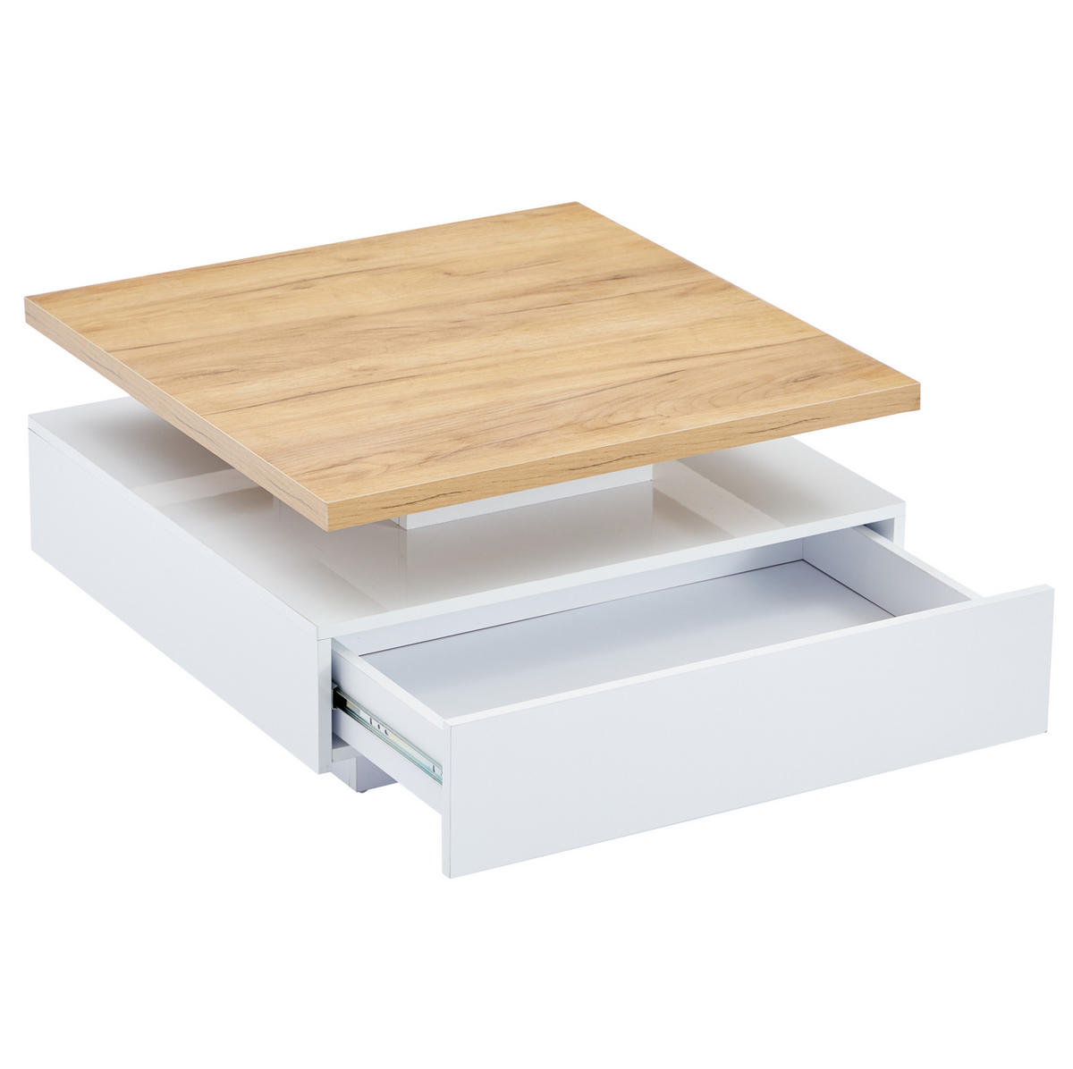 COUCHTISCH aus Spanplatte 70x70x36 cm Weiß/Walnuss mit 360° drehbarer Tischplatte, Schublade und offenem Stauraum - Weiß, Holzwerkstoff (70/70/36cm) - Modfu