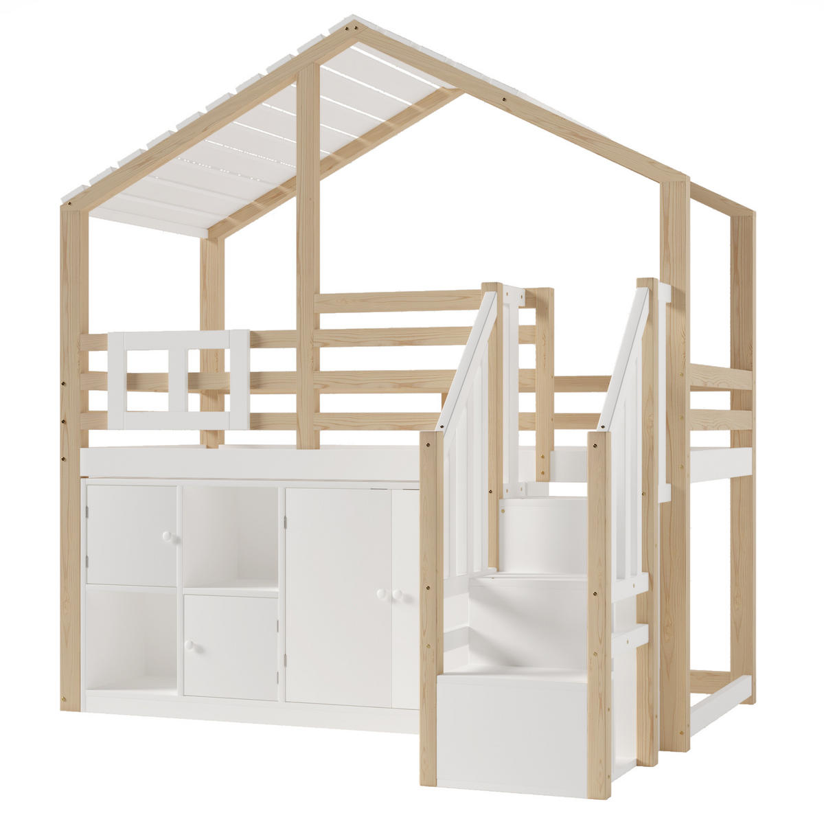 HOCHBETT 90/200 cm Hausform mit Stauraumleiter in Weiß + Natur - Weiß, Holz (90/200cm) - OKWISH