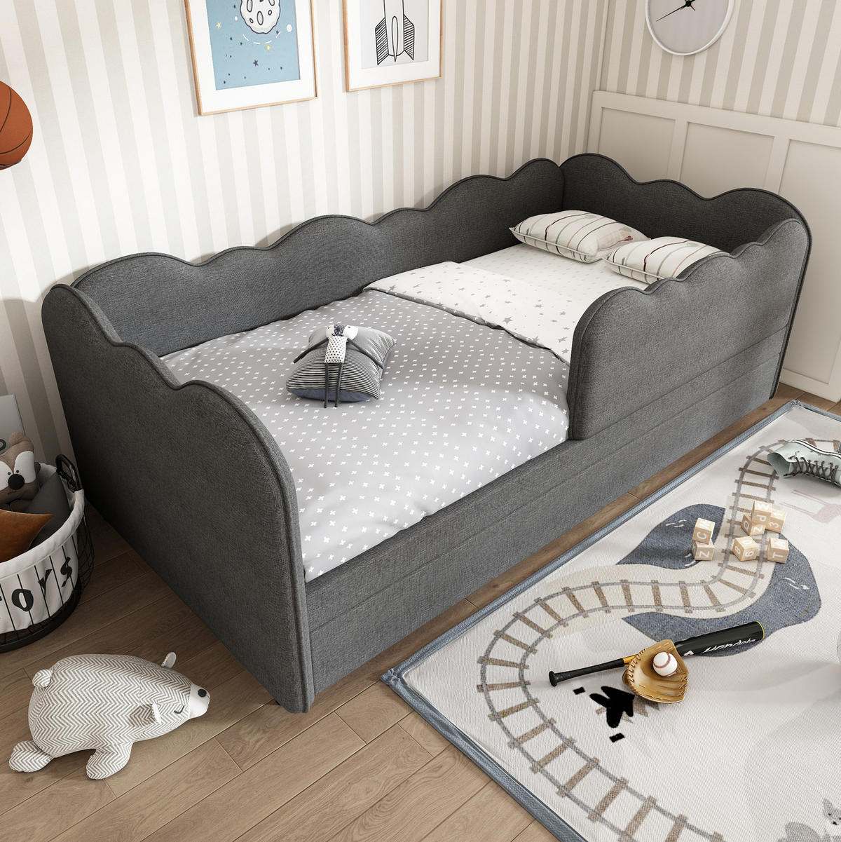 ČALÚNENÁ posteľ 90/190 cm, ľan sivá, s výsuvným lôžkom - sivá, textil (90/190cm) - BEAOK
