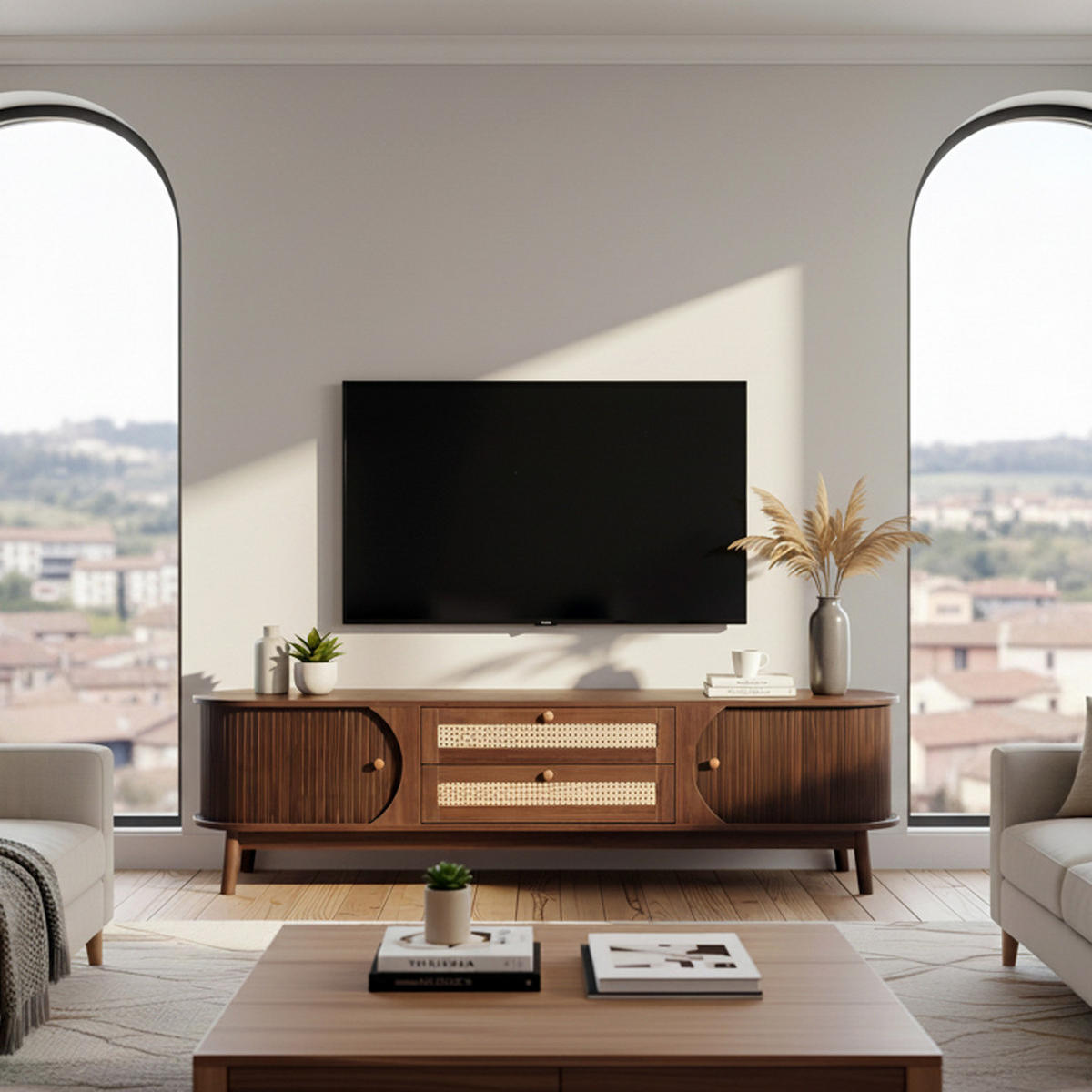 TV-SCHRANK Landhausstil Rattan-Front & Holztüren - Walnussfarben, Naturmaterialien/Holzwerkstoff (170/46/39.5cm) - Urban Meuble