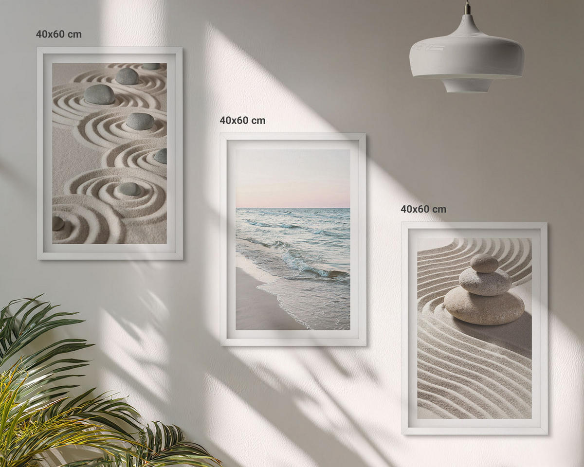 BILDER SET 3er Set - 40x60 cm Weißer Rahmen - Wellen, Sand, Wasser, Steine, Strand - Weiß, Kunststoff (40/60cm) - TULUP