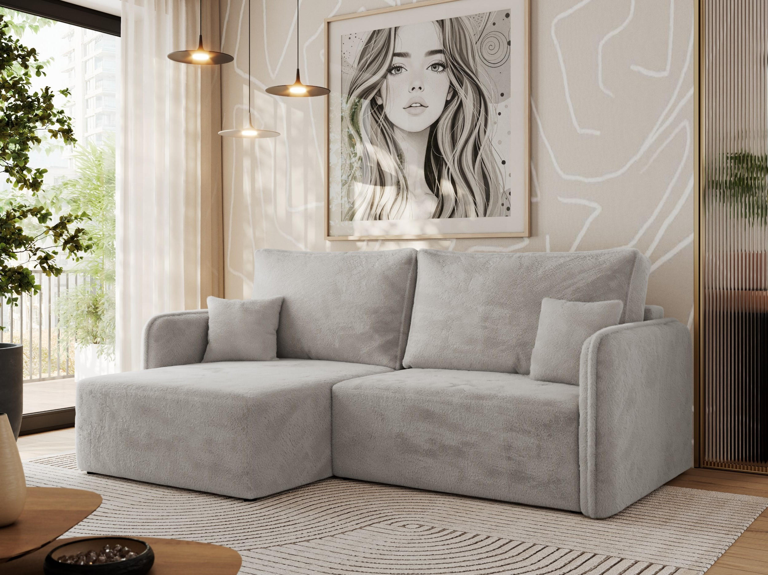 ECKSCHLAFSOFA MESTO L Hellgrau Plüsch - links - Hellgrau/Schwarz, Kunststoff/Textil (227/147cm) - MKS