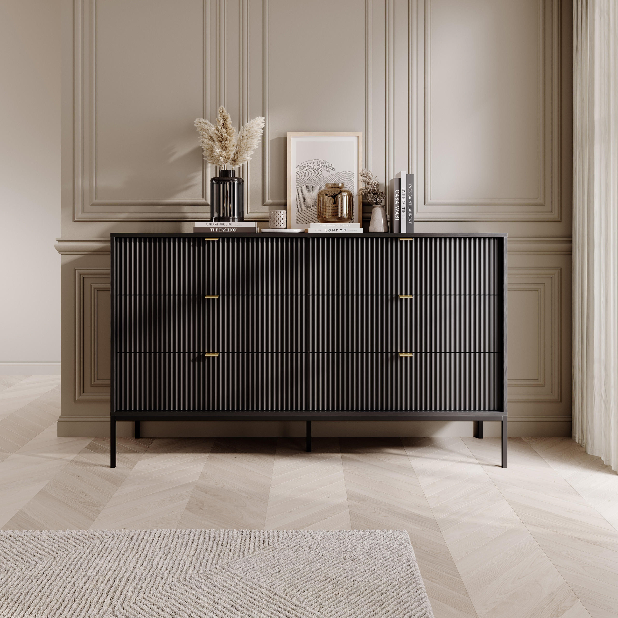 SIDEBOARD STELLARE 154/91/39 cm mit 6 Schubladen Schwarz - Schwarz, Holzwerkstoff (154/91/39cm) - MASSENO