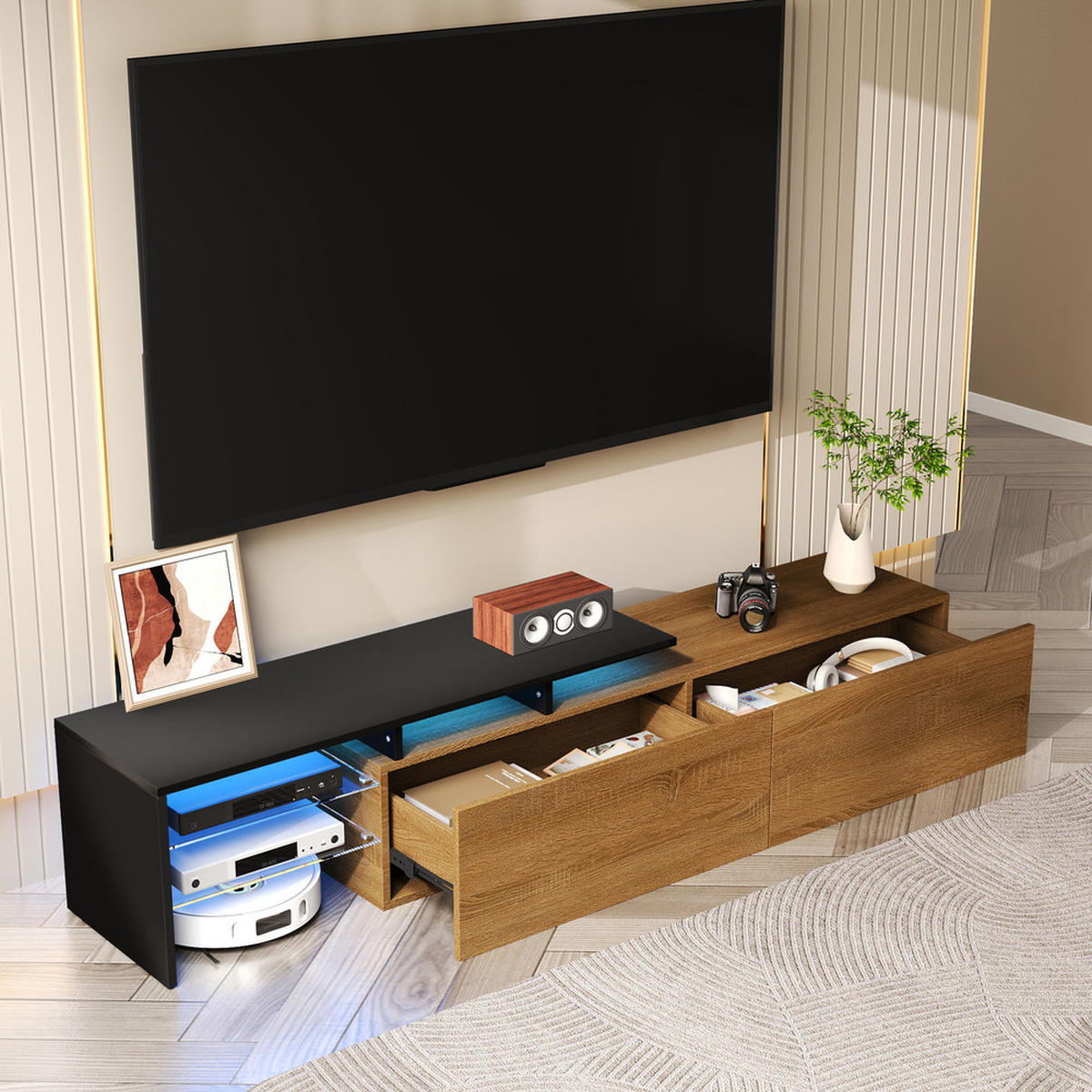 TV-SCHRANK Modern Schwarz Holzoptik Glasböden LED-Beleuchtung - Schwarz, Holz (42.19/18.42/143cm) - FLIEKS