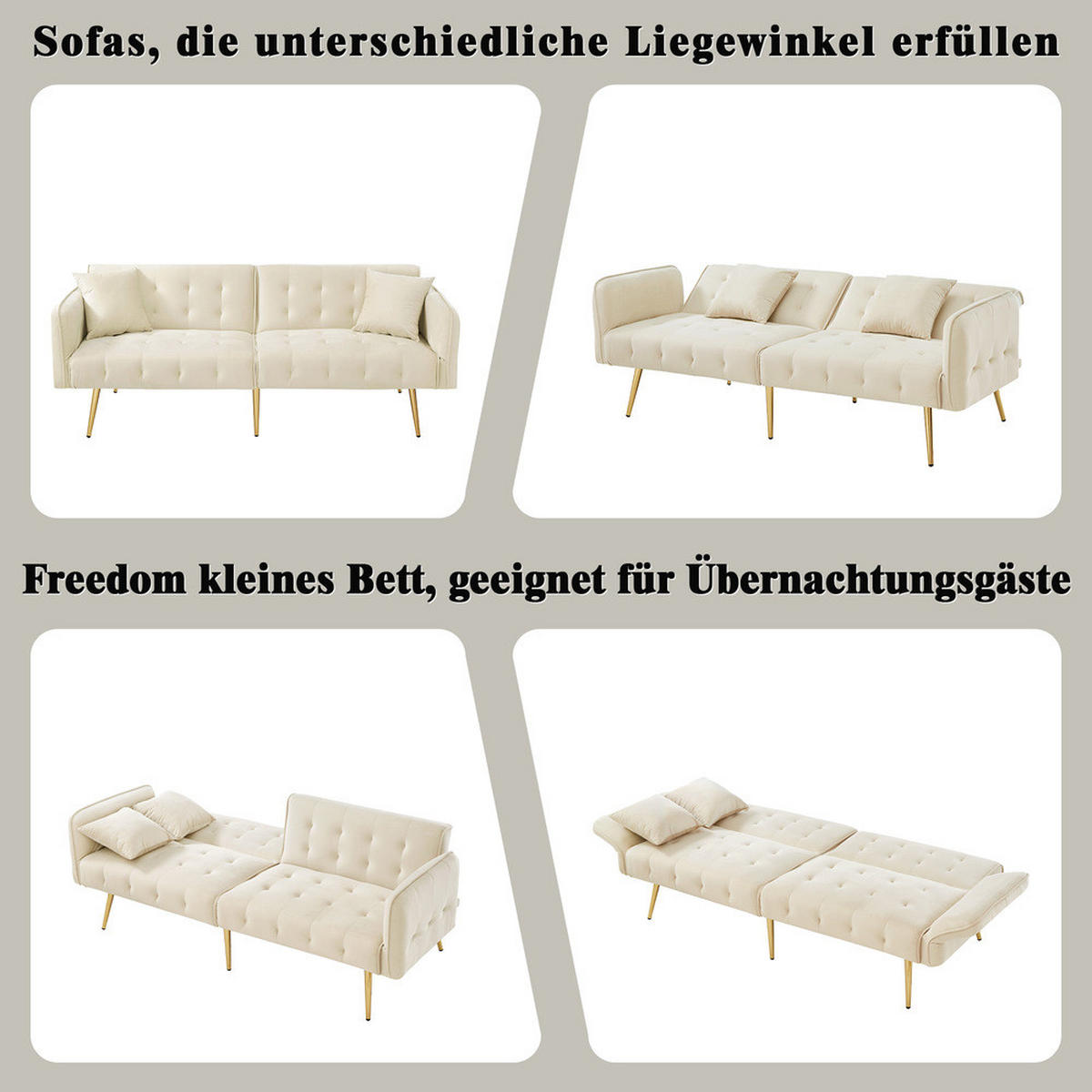 SOFA Zweisitzer Sofabett Velours Verstellbare Lehne Großzügig Schlaffunktion - Beige, Holz (89.92/18.03/80.52cm) - FLIEKS