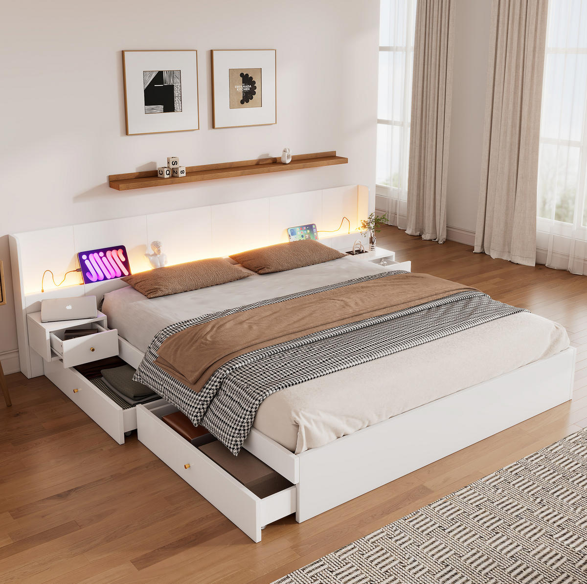 DOPPELBETT 180/200 cm in Weiß mit LED, USB, Steckdose, 2 Nachttischen & Schubladen - Weiß, Holzwerkstoff (180/200cm) - BEAOK