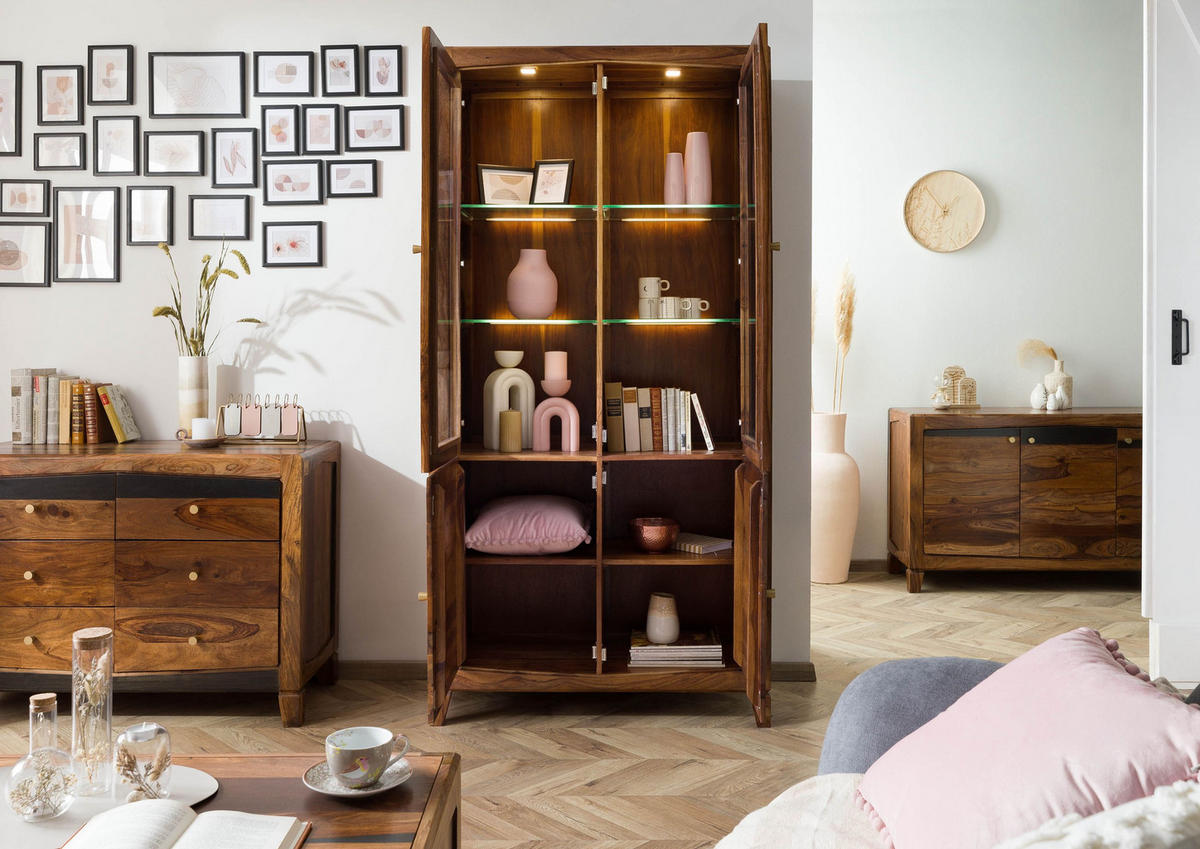 VITRINE Sheesham 100x45x200 dunkelbraun lackiert ANCONA #235 - Dunkelbraun, Holz (100/200/45cm) - Massivmoebel24