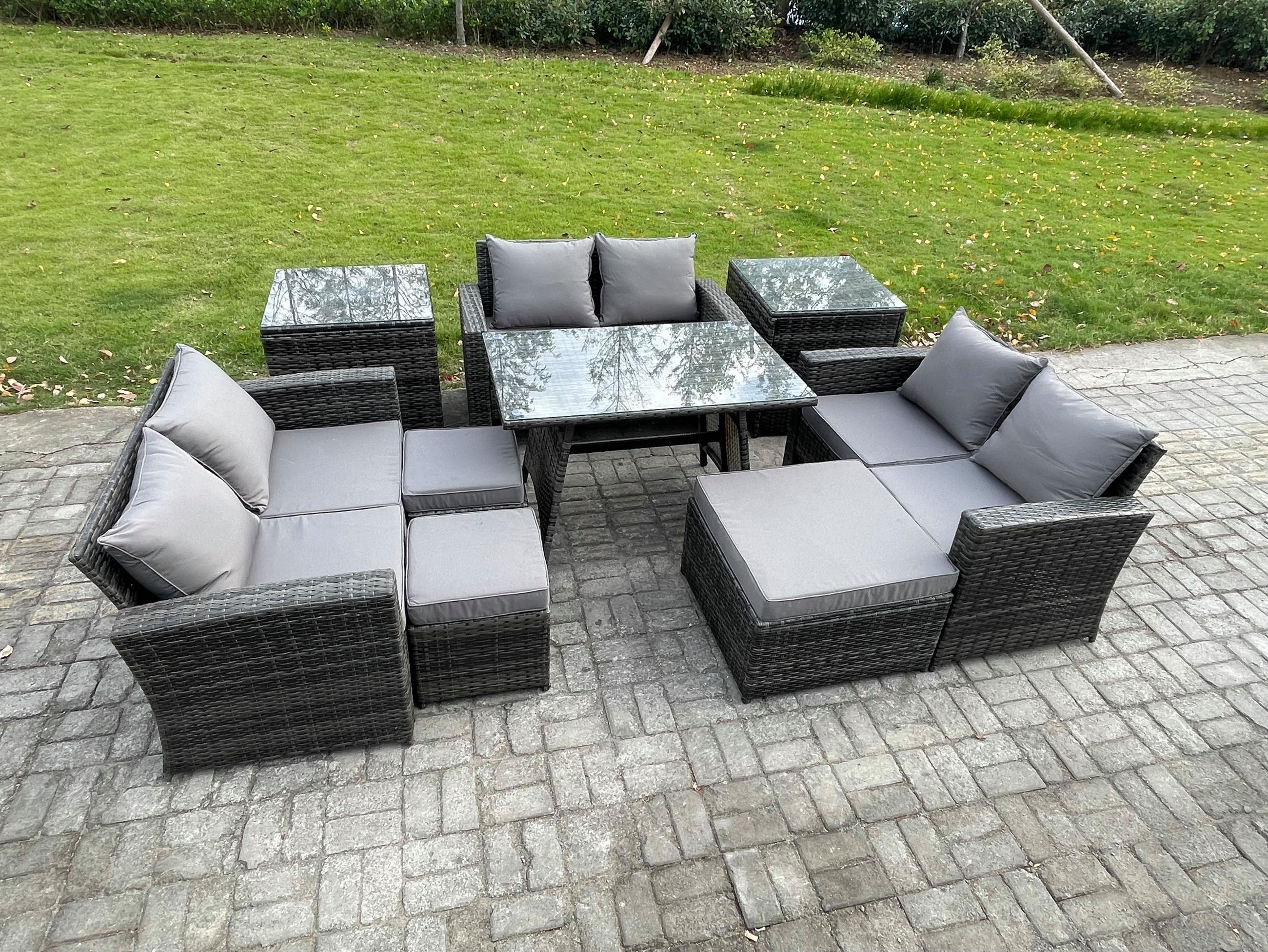GARTENMÖBELSET mit ESSTISCH,HOCHLEHNER-SOFA Polyrattan Dunkelgrauer Mix 9-Sitzer - Dunkelgrau/Grau, Glas/Kunststoff - Fimous