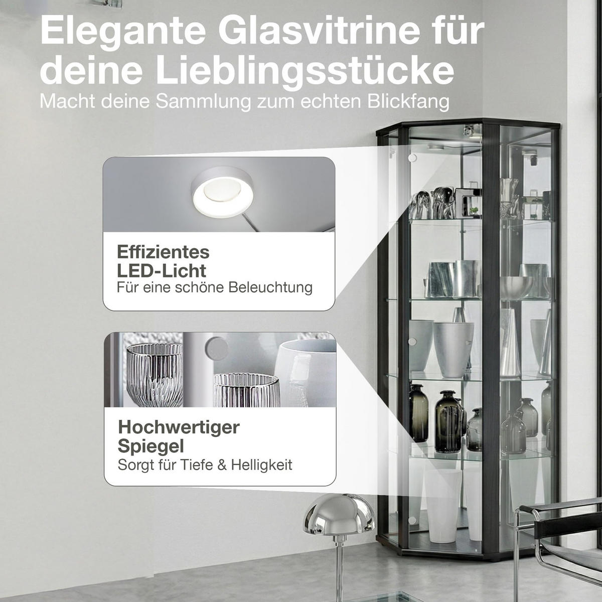ECKVITRINE 56,5/56,5/176 cm mit Spiegel, LED & Schloss - Transparent/Silberfarben, Glas/Holzwerkstoff (56.5/176/56.5cm) - K-Möbel