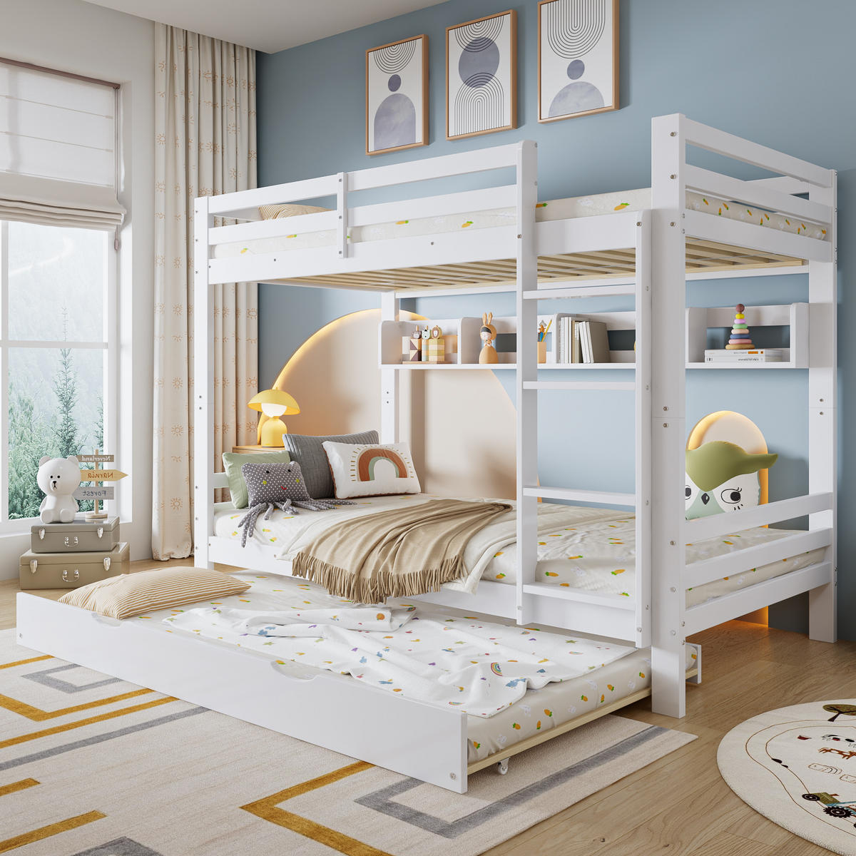 ETAGENBETT aus Kiefer & MDF 90x200 cm in Weiß mit Ausziehbett & Regalen - Weiß, Holzwerkstoff (90/200cm) - Modfu