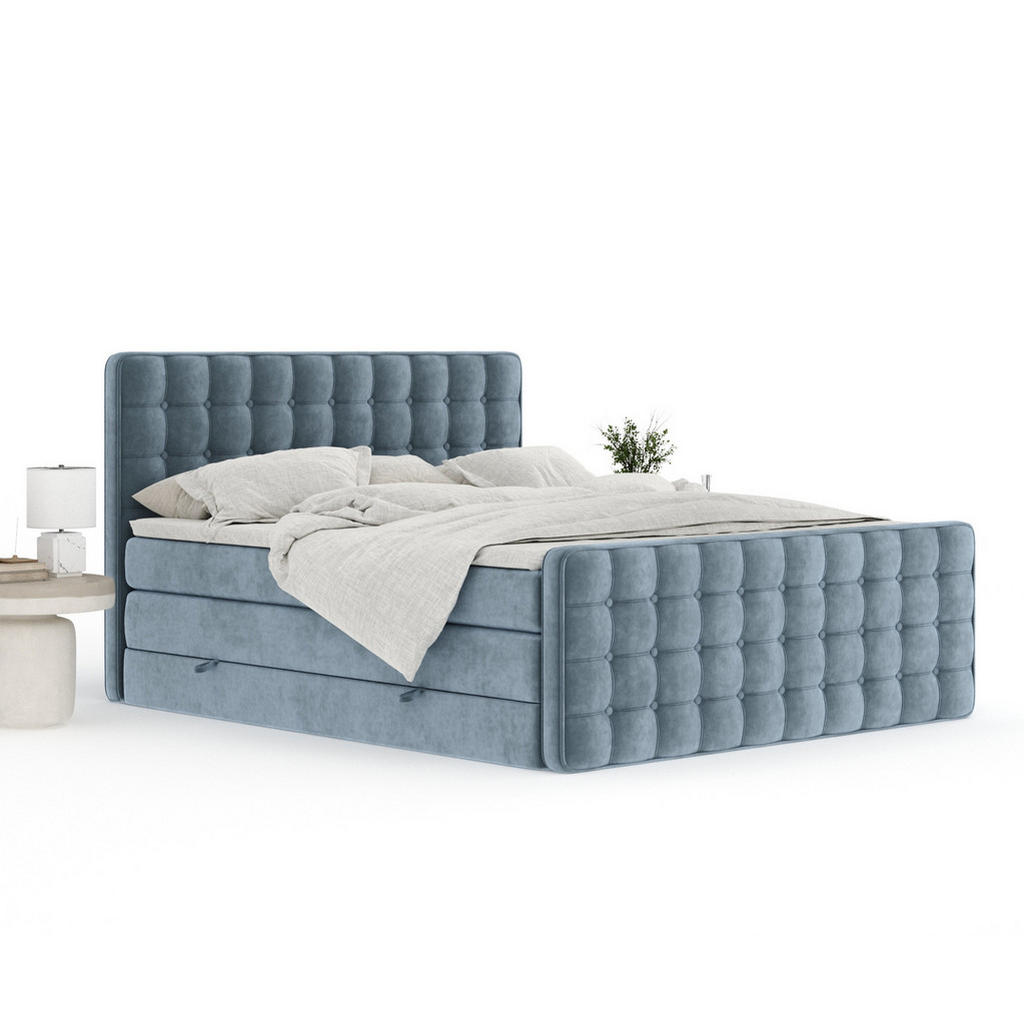 Thumbnail - Maison de Reve Boxspringbett, Blaugrau, Textil, Buche, Kiefer, H3 + H4, 7-Zonen, Höhe ca. 40 cm, 180x200 cm, Handmade in...