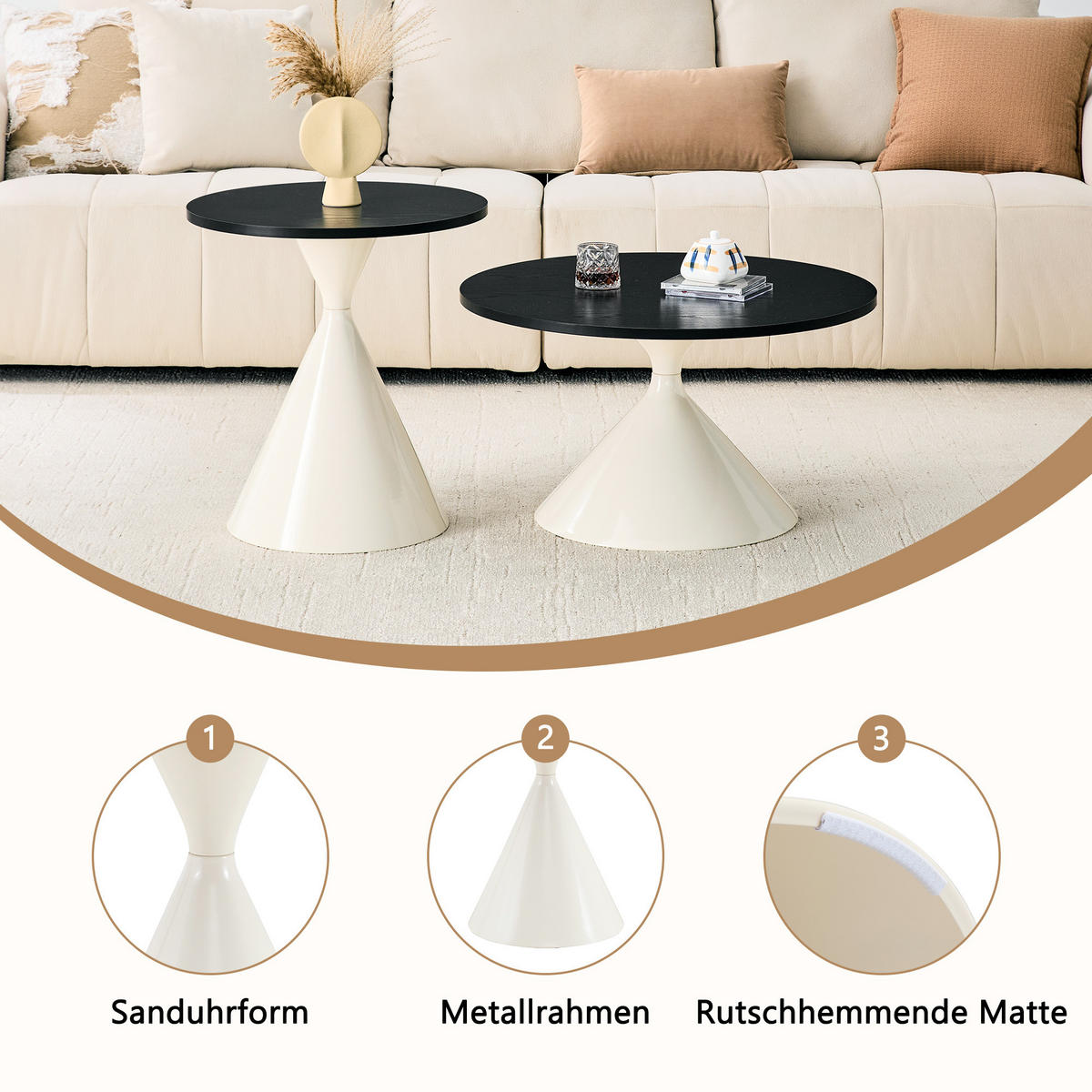COUCHTISCH-SET DE-37434 2er-Set konusförmig mit Holzoptik Schwarz/Creme - Creme/Schwarz, Metall (50/50/50cm) - ComfortXL