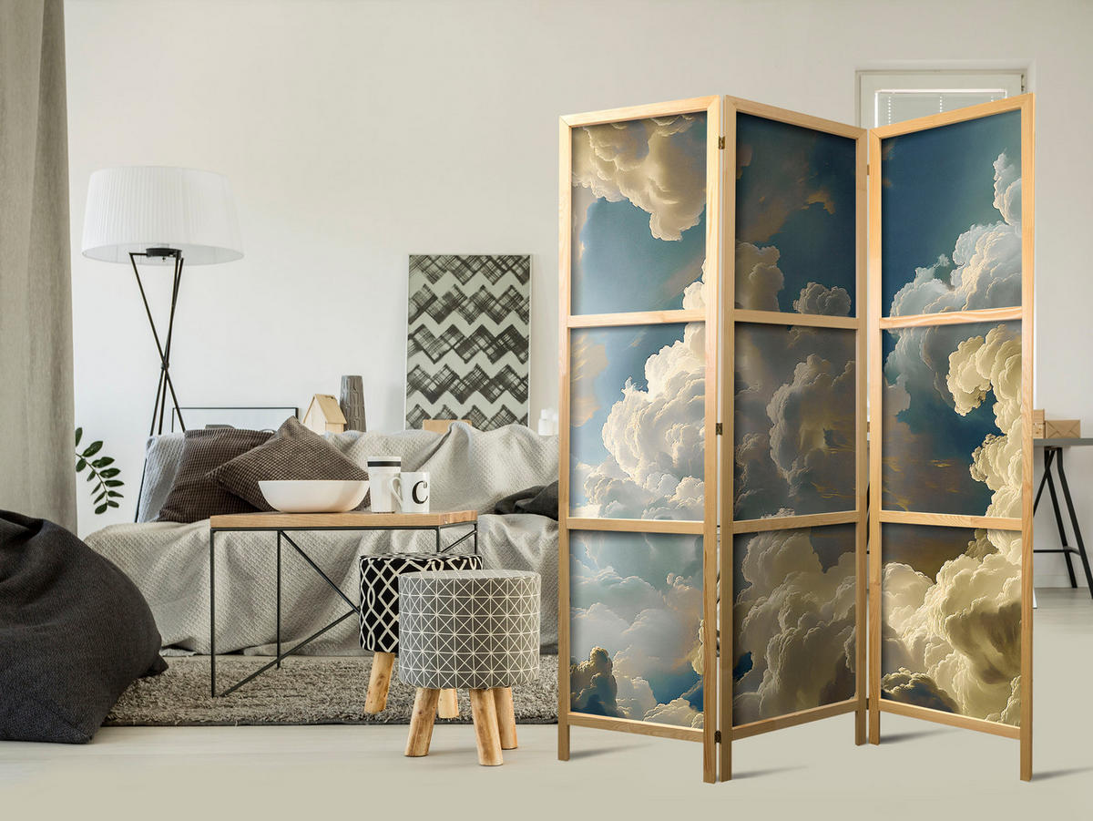 PARAVENT Japanischer 3-tlg 135x172 cm Malerische Wolken - Blau, Holz/Textil (135/172/3cm) - Muralo