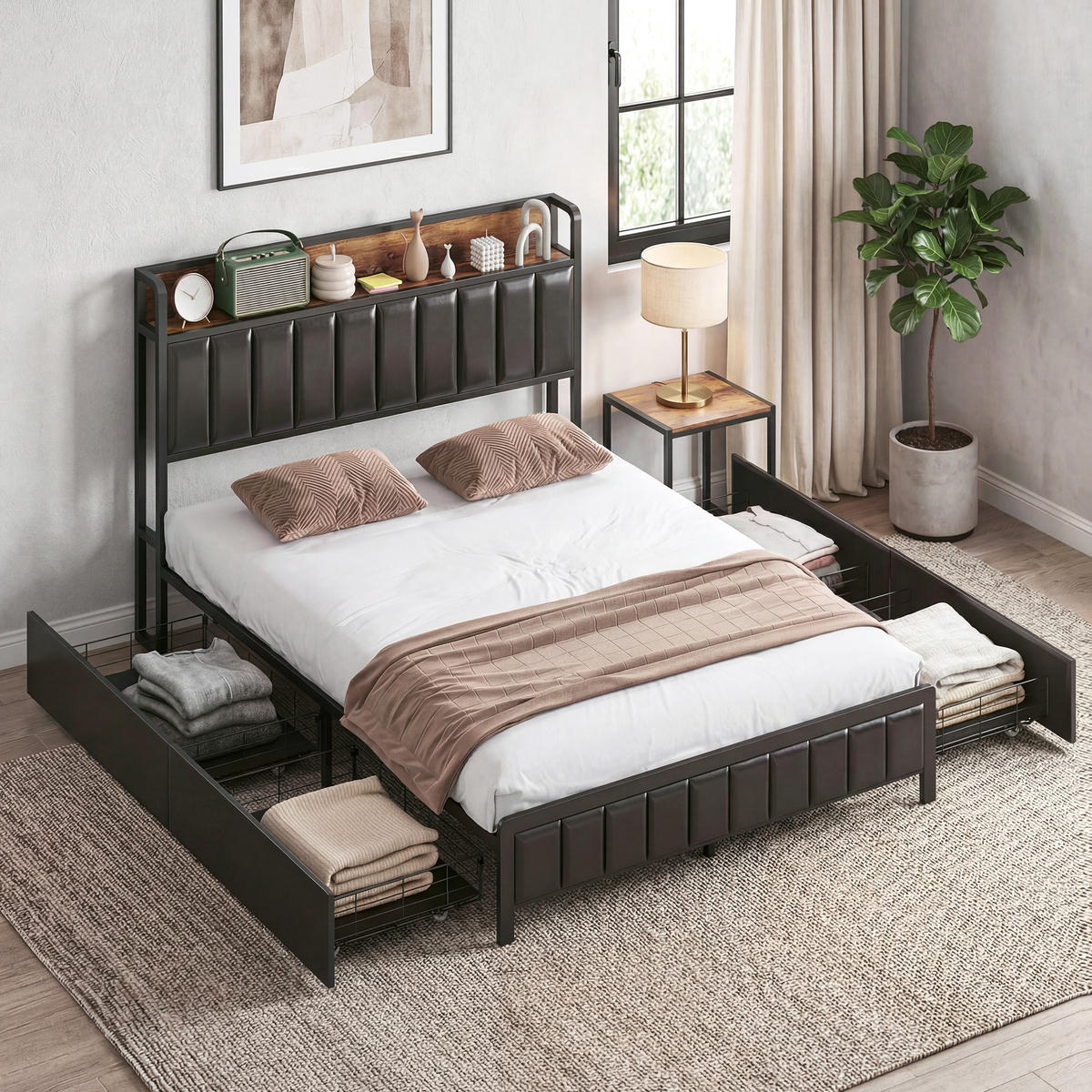 BETT 140x190 cm DE-14672 mit 4 Schubladen & Ablage Schwarz - Schwarz, Metall (140/190cm) - ComfortXL