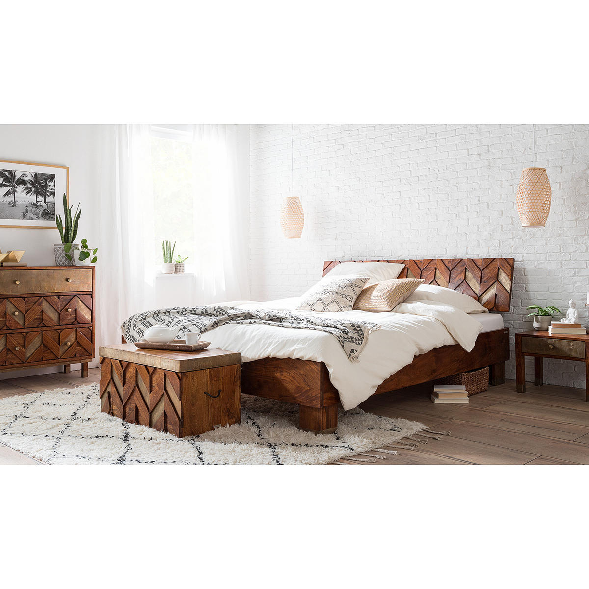 MASSIVHOLZBETT - Akazie massiv / Metall - Braun/Akaziefarben, Holz (180/200cm) - home24