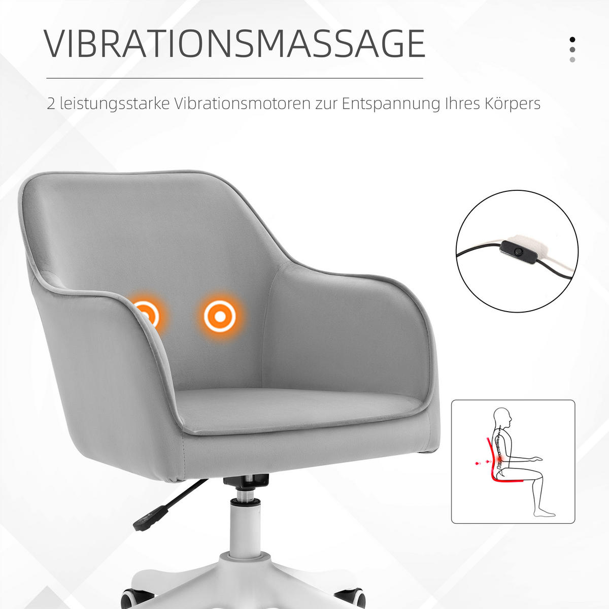 MASSAGE Bürostuhl Drehstuhl Arbeitstuhl mit Vibrationsfunktion Samt Grau - Grau, Textil (70/86/57cm) - Vinsetto
