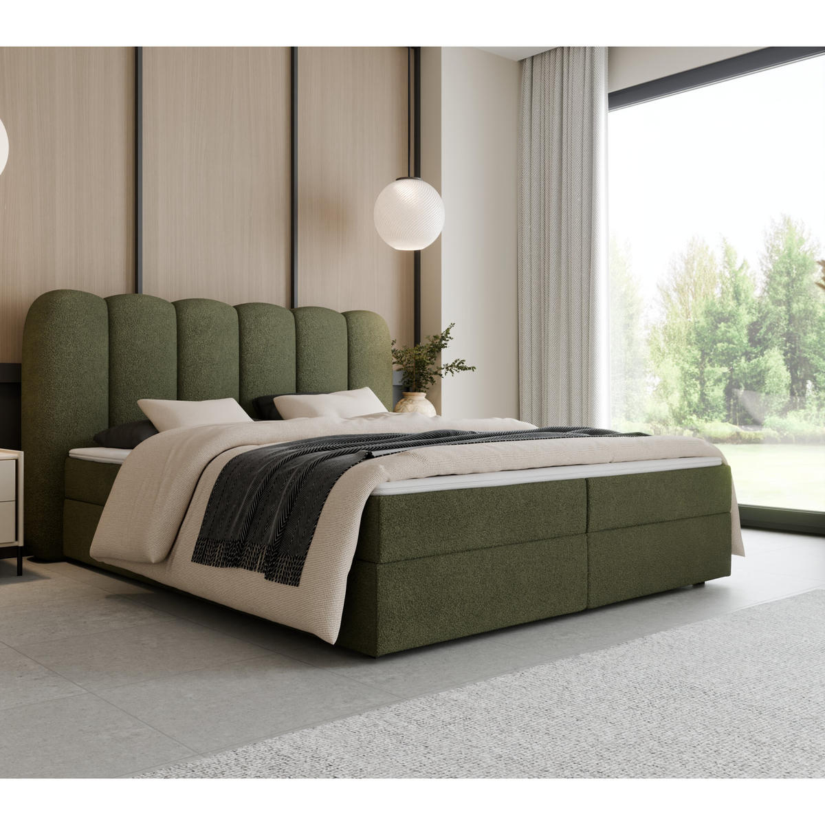 BOXSPRINGBETT SOFTI 160x200 cm, Olivgrün Bouclé, inkl. Bettkasten & Topper - Olivgrün, Textil (160/200cm) - Excellent Home