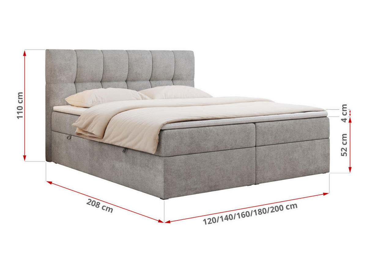 BOXBETT RICO 140/200 Hellgrau Struktur - H3 - Hellgrau, Holz/Textil (140/200cm) - MKS