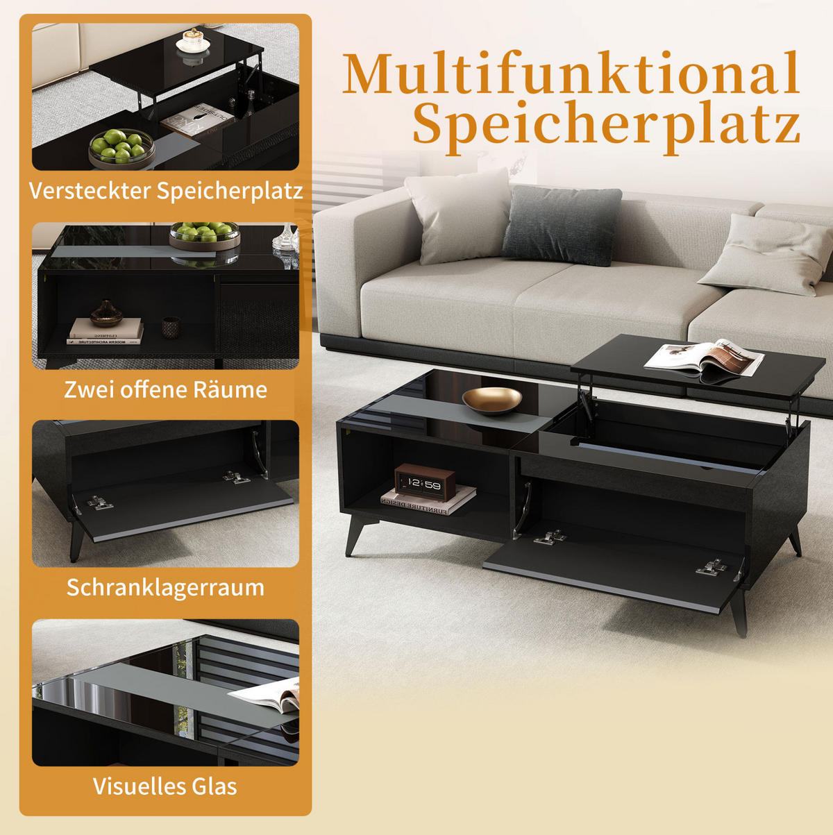 COUCHTISCH 110/50/48 cm Schwarz Hochglanz mit Hebemechanismus und Stauraum - Schwarz, Holzwerkstoff (110/50/48cm) - OKWISH