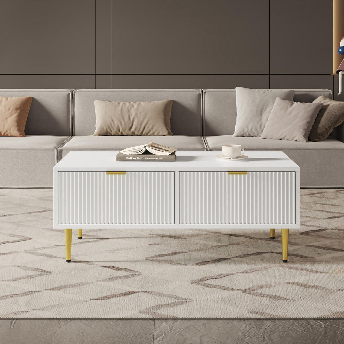 COUCHTISCH 100x50cm Weiß Gold Akzente 2 Schubladen Streifendesign Modern - Weiß, Holz (114/59/14cm) - FLIEKS