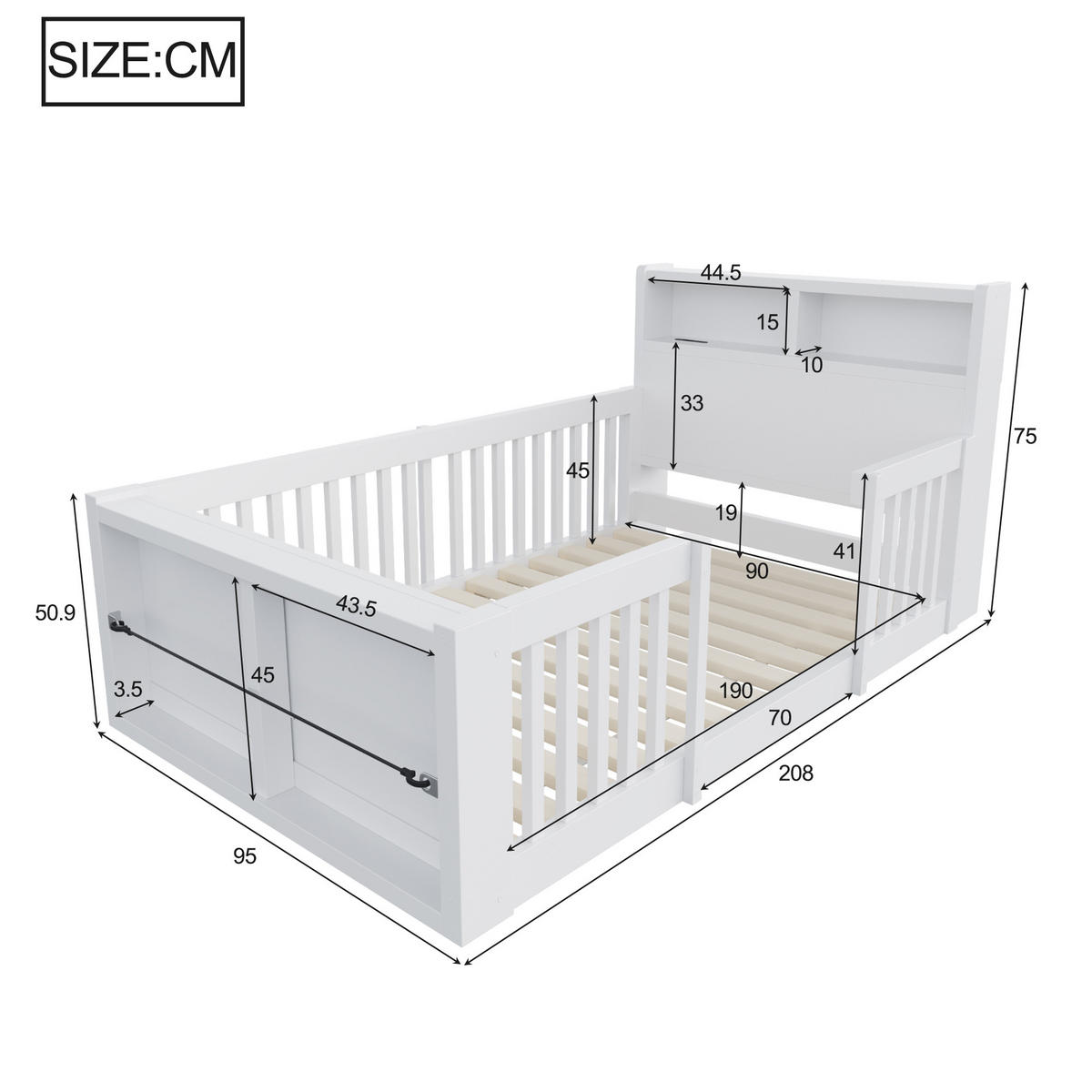 KINDERBETT 90/190 cm in Weiß mit hohem Schutzgitter, USB-Anschluss, Nachtlicht und Staufach aus Holz - Weiß, Holzwerkstoff (90/190cm) - STILVORA