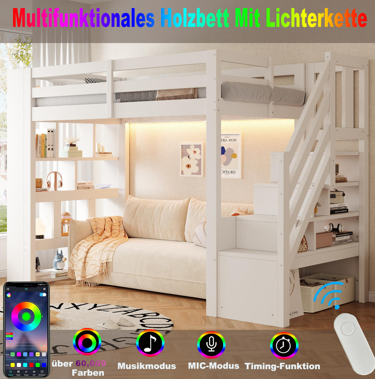 HOCHBETT aus Kiefernholz 90x200 cm Weiß mit Stauraumtreppe, Regalfächern und LED-Beleuchtung - Weiß, Holz (90/200cm) - Modfu