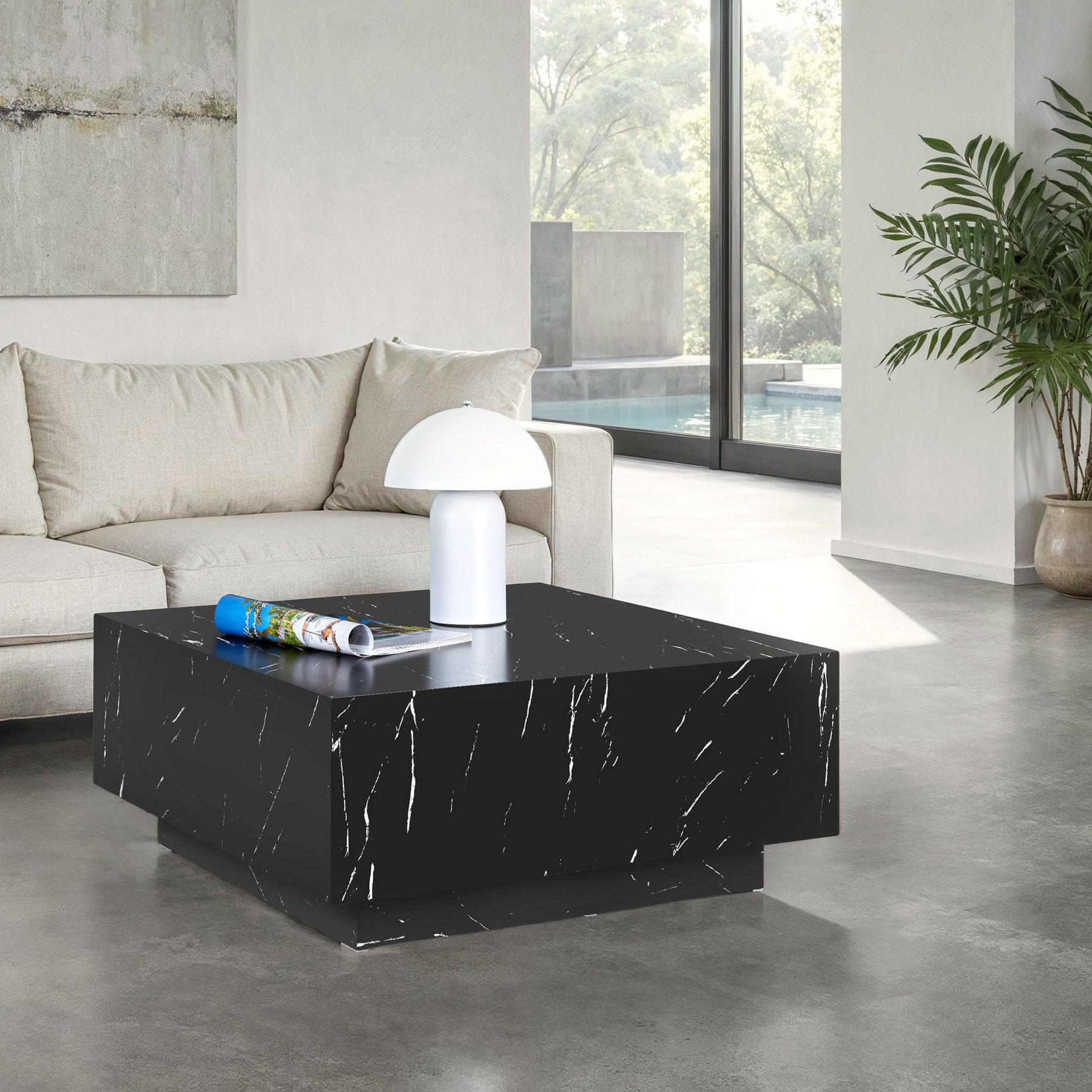 COUCHTISCH Lasley,inkl. Bodenschoner, Belastbarkeit 45 kg,Marmor Optik schwarz - Schwarz, Holz (80/80/35cm) - tectake
