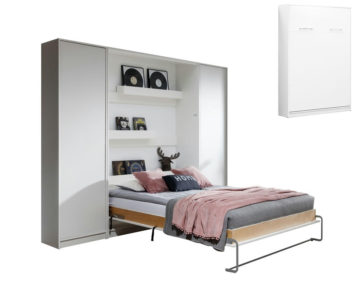 SCHRANKBETT Wandklappbett vetikal VB140x200 mit 2 Schränken - 3-tlg. - Weiß-Matt - Weiß, Holzwerkstoff (140/200cm) - QMM TraumMöbel