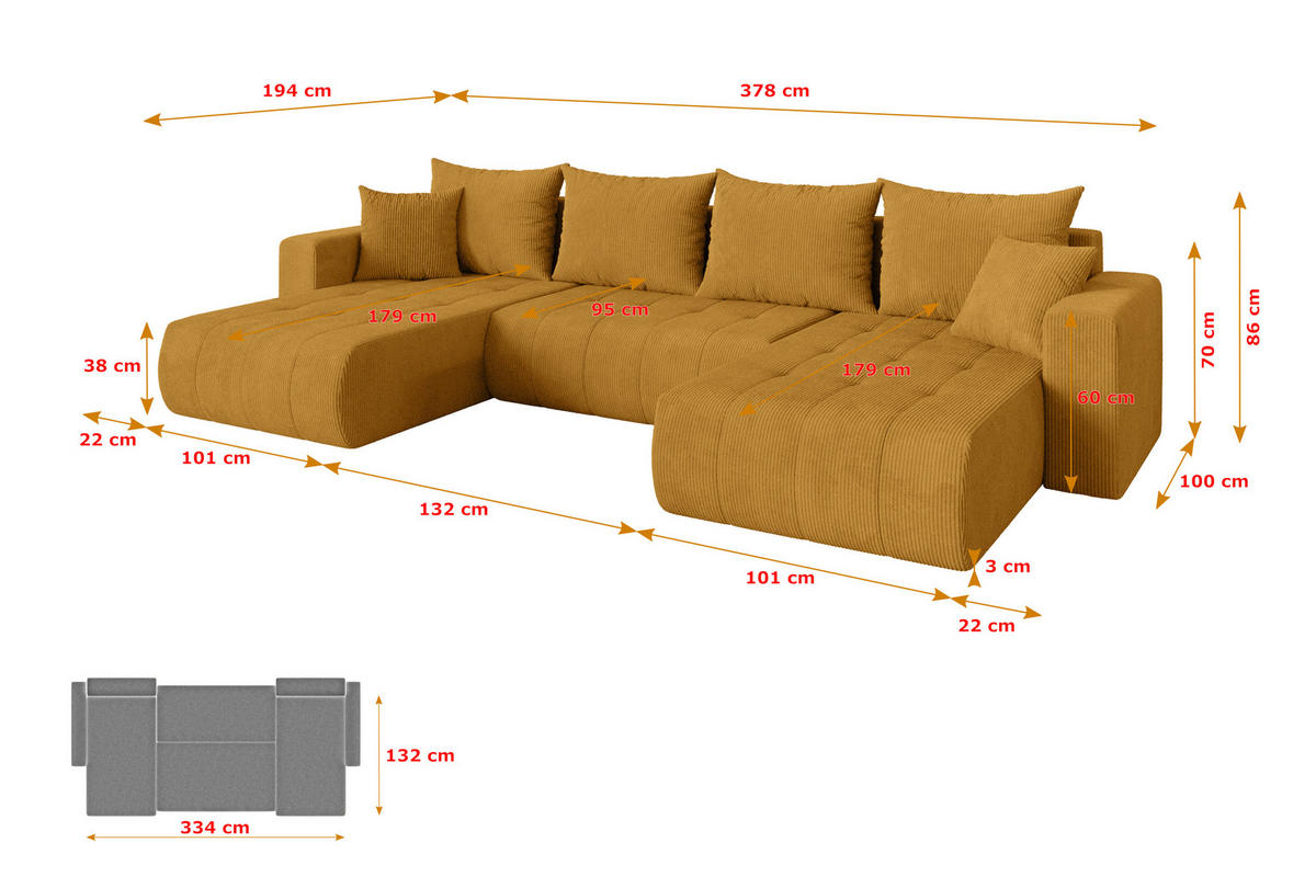 SEDACÍ SOUPRAVA DO U s funkcí spaní a úložným prostorem MILA-U 378x194x86 hořčicově žlutá manšestr - černá/tmavě žlutá, kompozitní dřevo/textil (378/86/194cm) - ALTDECOR