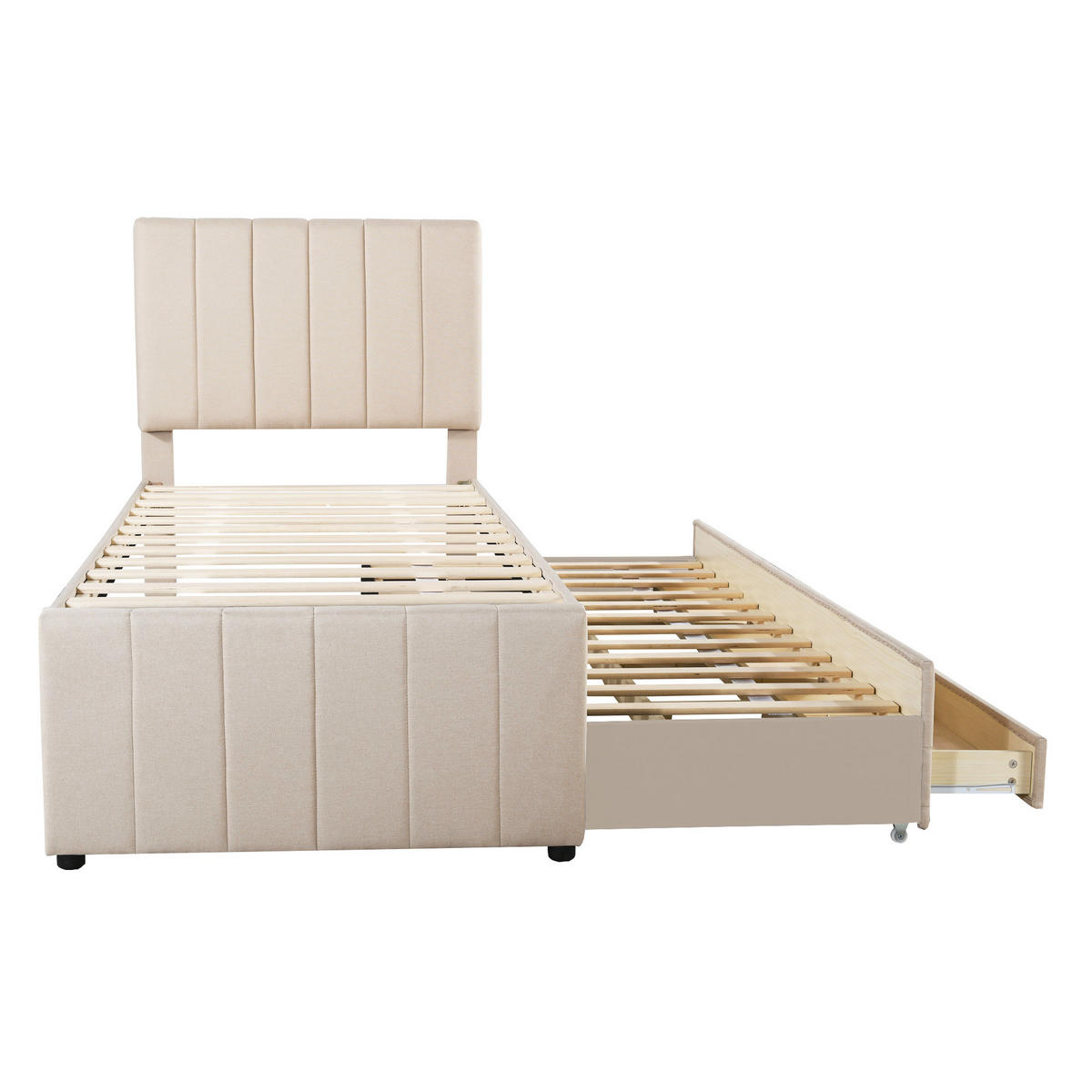 POLNJENA postelja iz lesa in lepljenke 203x90x118 cm bež z izvlečnim ležiščem, 3 predali in nastavljivim vzglavjem - bež, tekstil (90/200cm) - Modfu