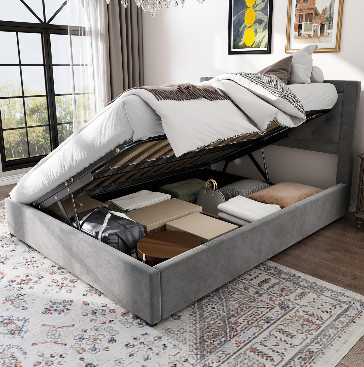 POLSTERBETT 140/200 cm mit Stauraum, Samtbezug und Chesterfield-Kopfteil, Grau - Grau, Metall (140/200cm) - Redom