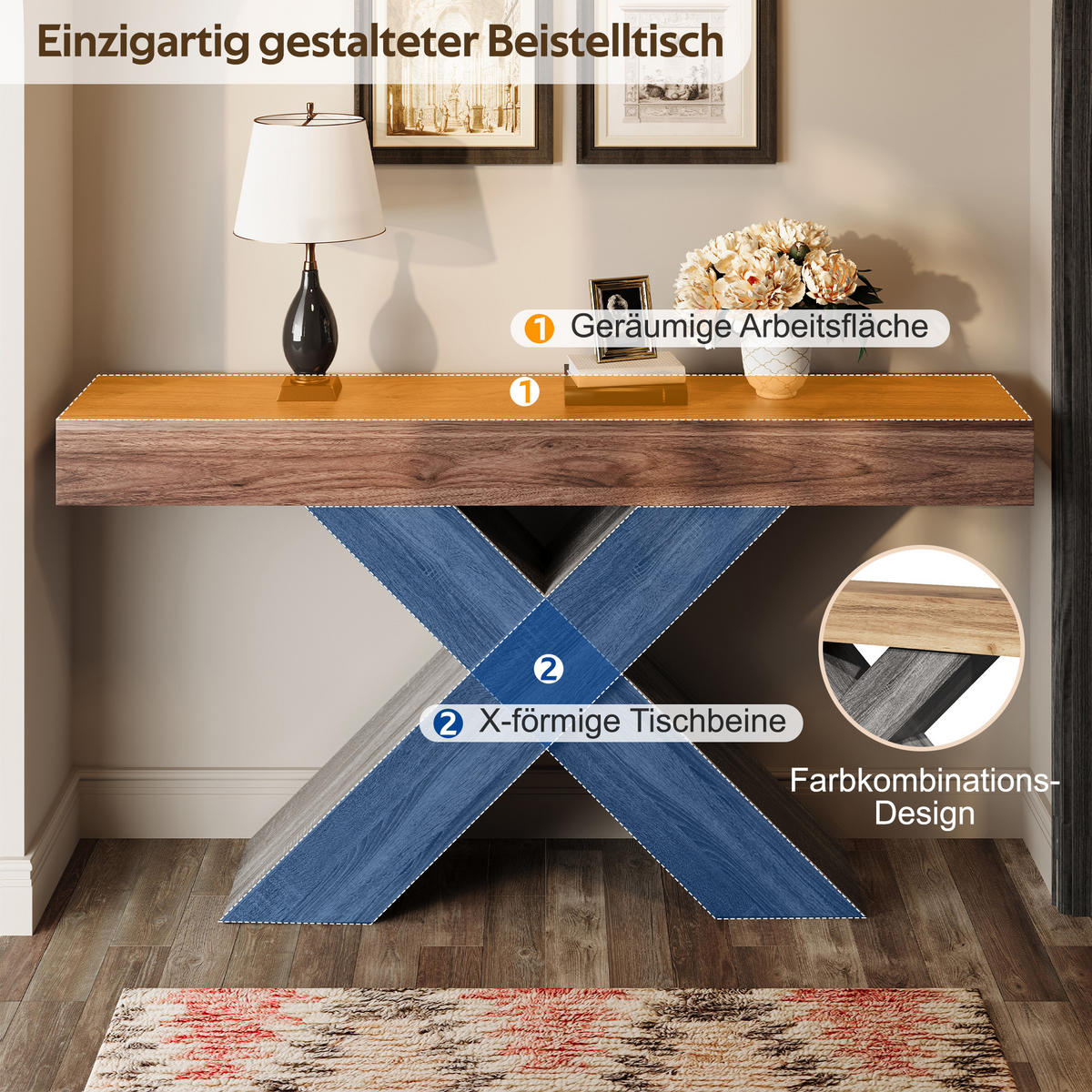 KONSOLENTISCH in Holzoptik Zweifarbige Beistelltisch mit X-förmigen Beinen für Flur/Wohn-, 140L/30B/80(cm) - Braun/Grau, Holzwerkstoff (30/140/80cm) - STILVORA