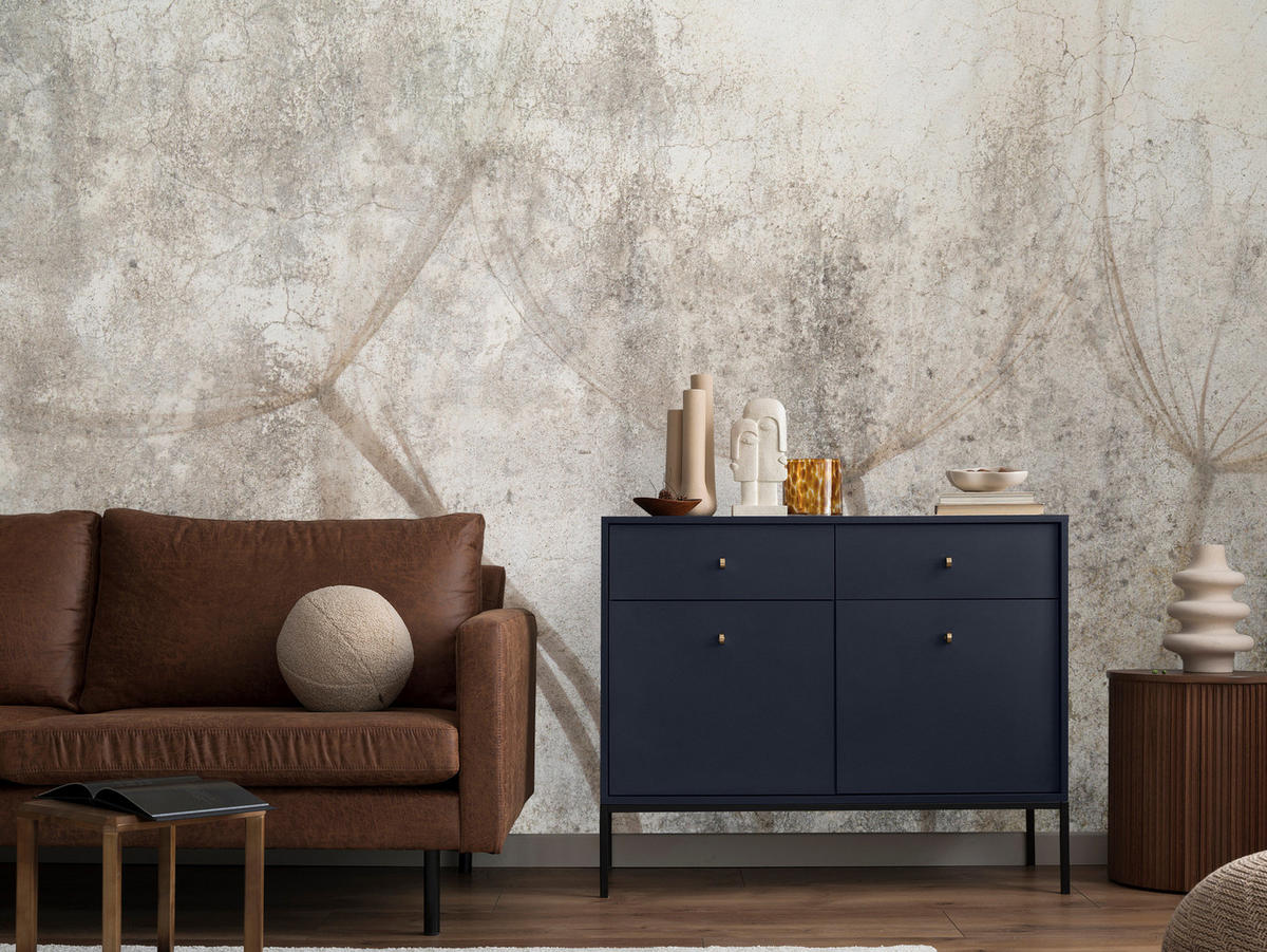 FOTOTAPETE für Wohnzimmer Zarter Skizze Löwenzahn Grauer Beton Minimalistisch 500x350 - Beige/Braun, Papier (500/350cm) - Muralo