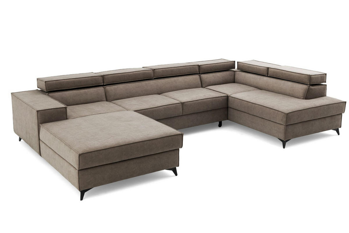 ECKSOFA PURE U Rechts mit Schlaffunktion 127x270 Velours Beige - Beige/Schwarz, Holz/Textil (204/340cm) - Muffo