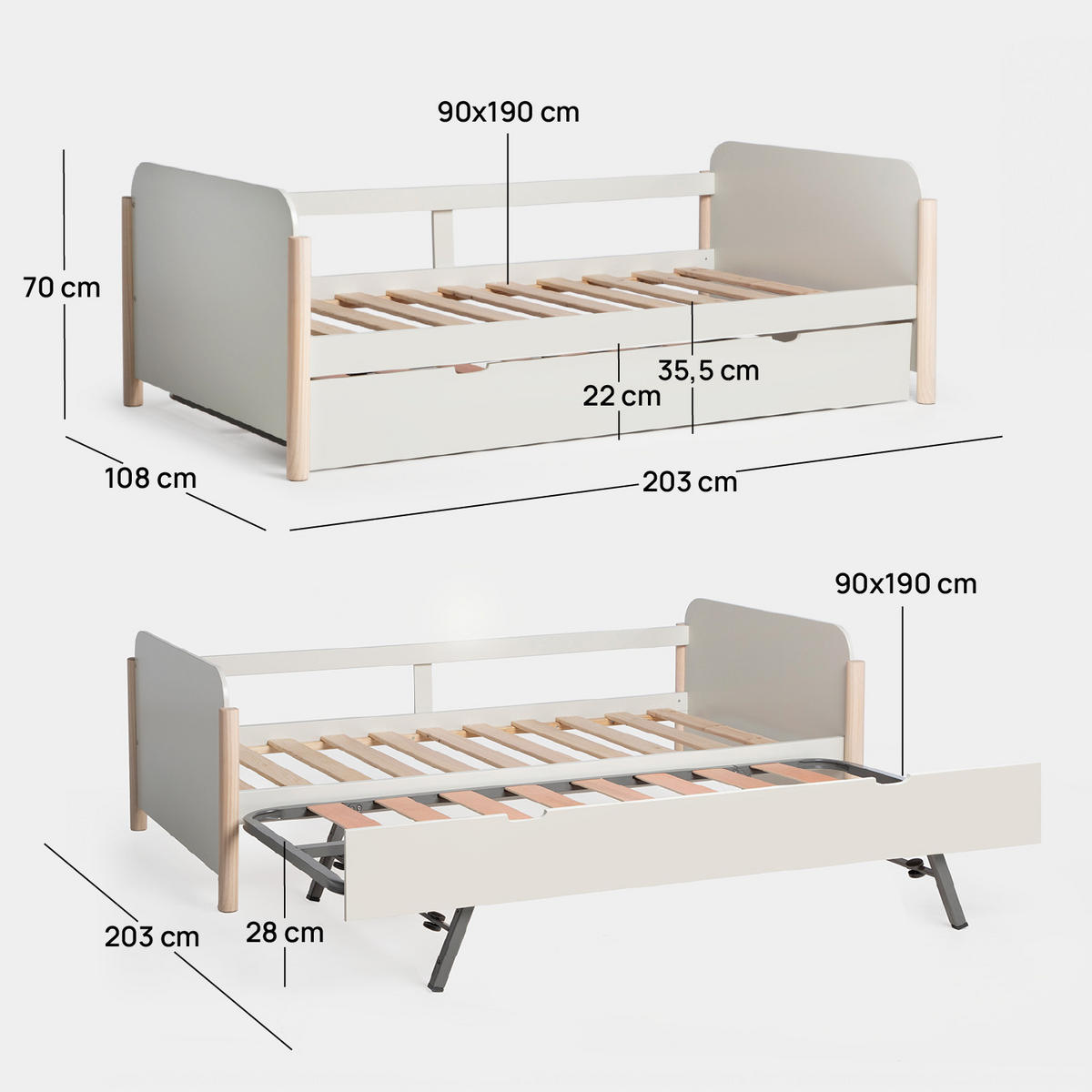 ROLLBETTEN Ora Weiß 203 cm x 70 cm - Weiß, Holzwerkstoff - Klast Home