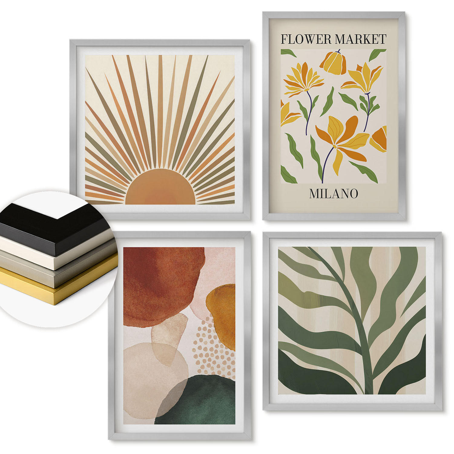 WANDBILDER 4er Set - 50x50 cm & 40x60 cm Silberner Rahmen - Abstrakte Blumenmotive - Silberfarben, Kunststoff (50/50cm) - ArtPrintCave