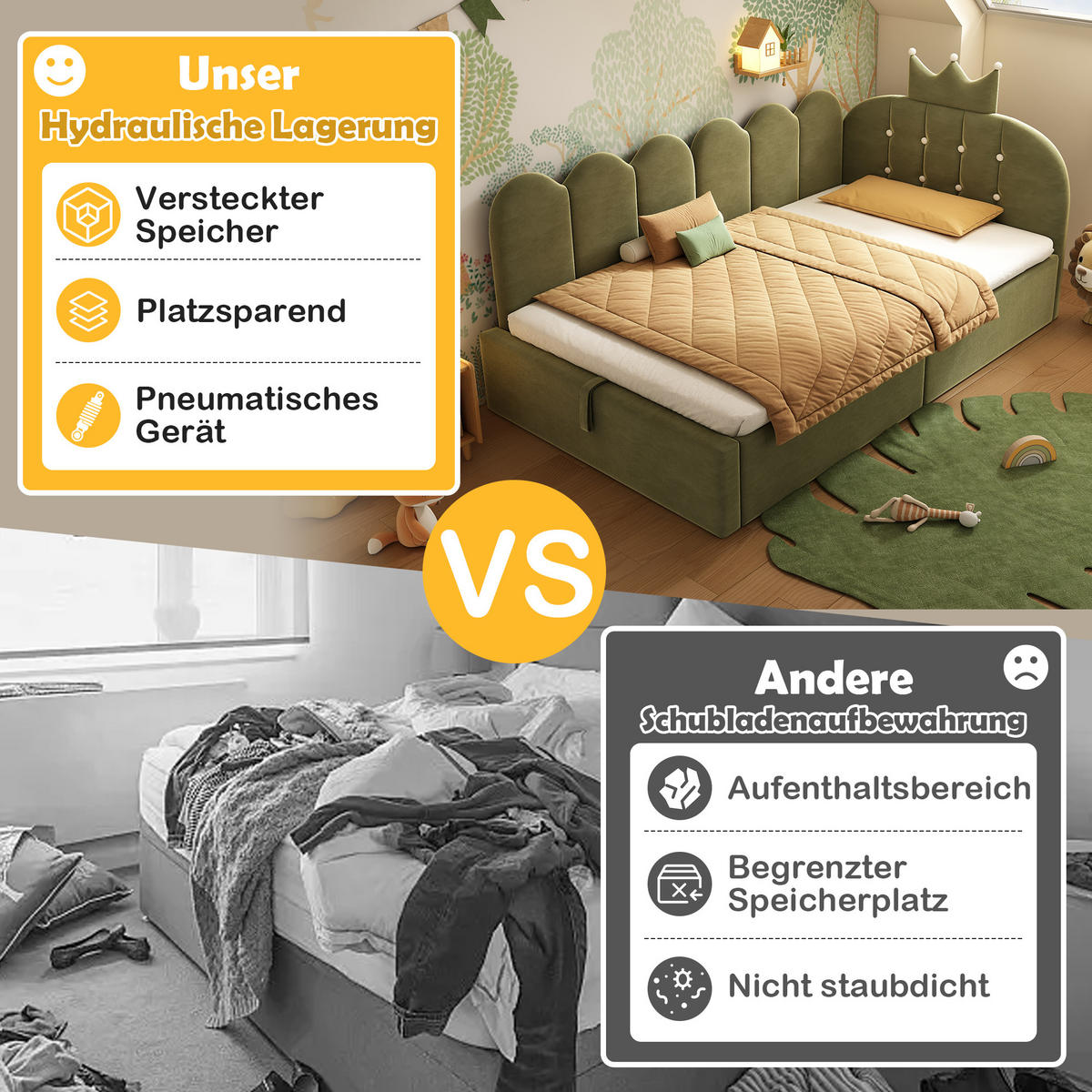 POLSTERBETT 90/200 cm mit hydraulischem Stauraum und Kronen-Gitter-Design, Grün - Grün, Holz (90/200cm) - Redom