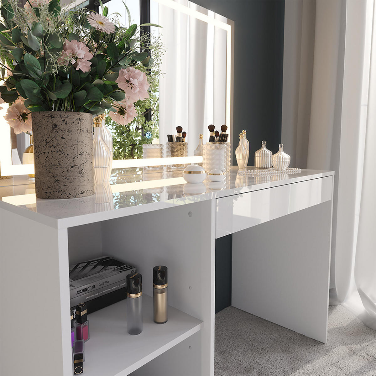 SCHMINKTISCH Sherry Weiß/Weiß Hochglanz 119.8 cm mit LED-Spiegel - Weiß Hochglanz, Holzwerkstoff (119.8/76/50.1cm) - Vicco