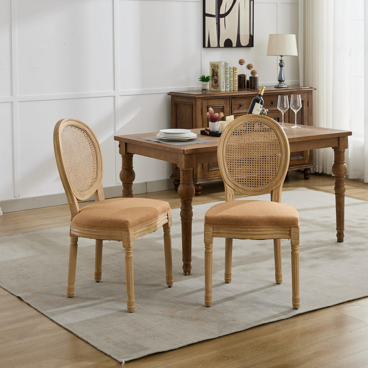 STUHL-SET DE-36325 2 Stück mit Rattan-Rückenlehne Cognac - Cognac, Holz (49/95/59.5cm) - ComfortXL