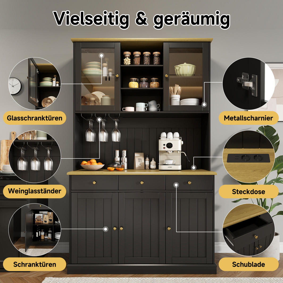 BUFFETSCHRANK mit Glastüren 120 x 40 x 191 cm MDF Schwarz mit Steckdosen - Schwarz, Holzwerkstoff (40/191/120cm) - Meubliv