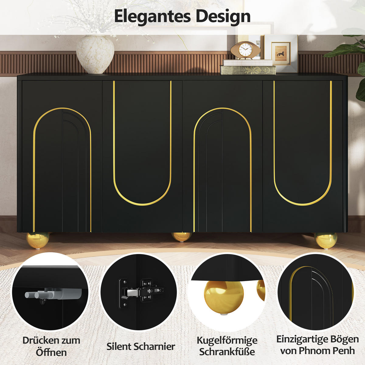 SIDEBOARD 4 Türen Goldlinien Design Kugelfüße Modern Schrank - Schwarz, Holzwerkstoff (140/74/40cm) - FLIEKS