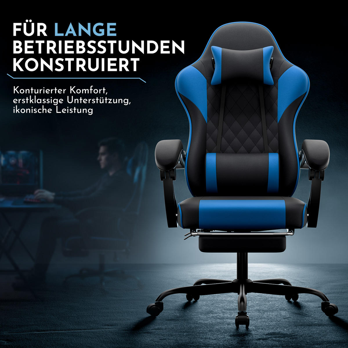 GAMINGSTUHL DE-40998 mit Lordosenstütze und Fußstütze Schwarz/Blau - Blau, Metall (58.5/120.5/63cm) - ComfortXL