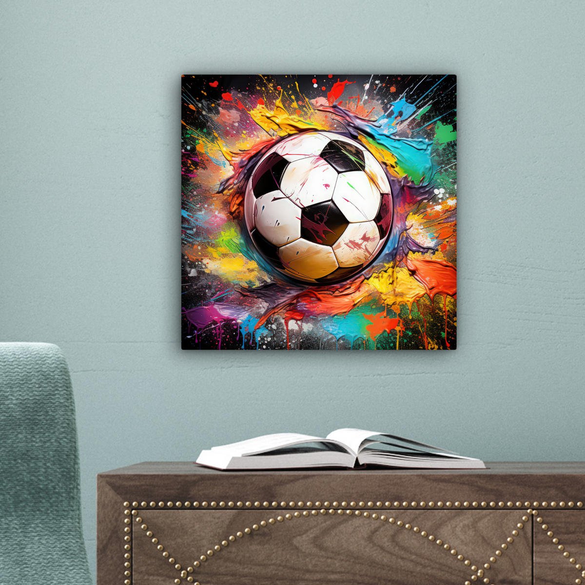 LEINWANDBILD Fußball - Farbe - Farben - Schwarz - Weiß 20x20 cm - Weiß, Textil (20/20cm) - MuchoWow