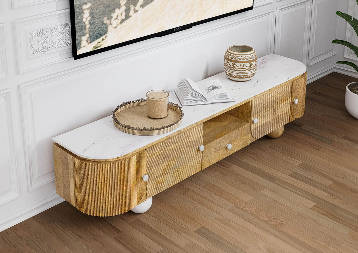 TV-BOARD Mango 200x40x50 natur lackiert / Marmor weiß FLORENZ #101 - Naturfarben, Holz (200/50/40cm) - Massivmoebel24